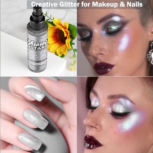 Detalle de Premium Silver Glitter Spray by Mikloven — Luxurious Shimmer Mist for Body, Hair, Face & Clothing (100ml, 1 Pack)