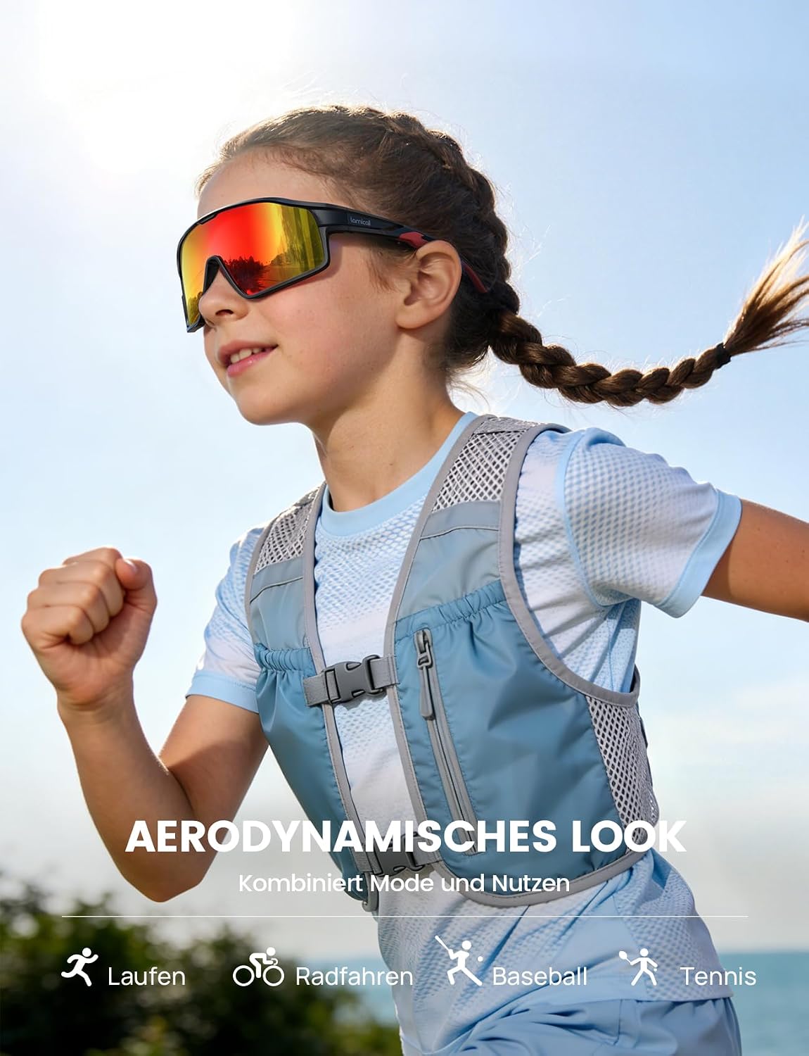 Detalle de Lamicall Fahrradbrille Kinder – Ultraleicht, UV400 polarisiert, verstellbare Nasenpads