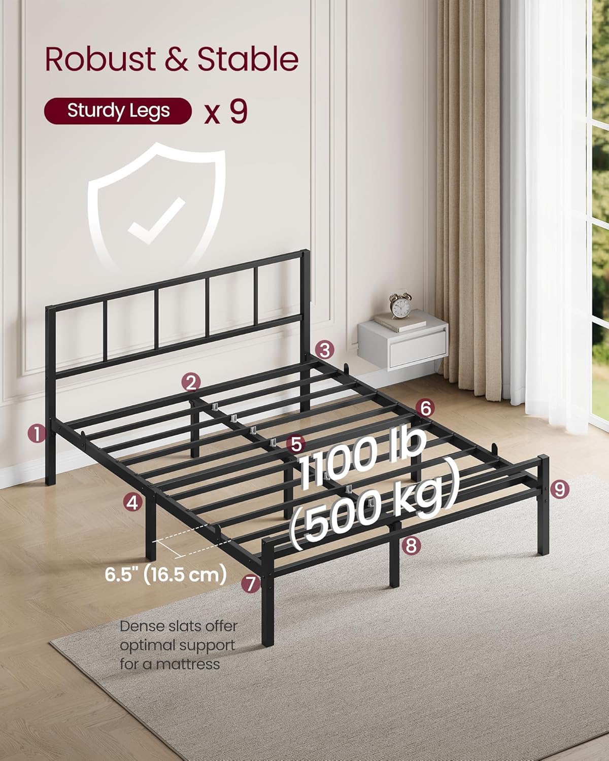 Thumbnail 4 de VASAGLE Double Bed Frame 135 x 190 cm with Slats and Headboard – Ink Black RMB296B101