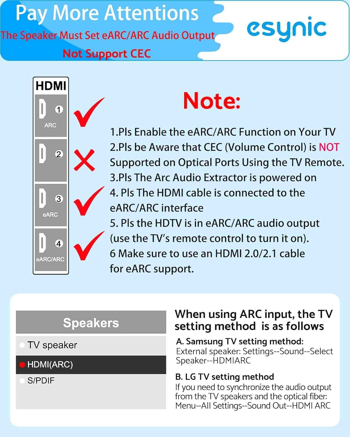 Detalle 2 de eSynic Professional 192kHz eARC/ARC to Optical Audio Extractor Cable