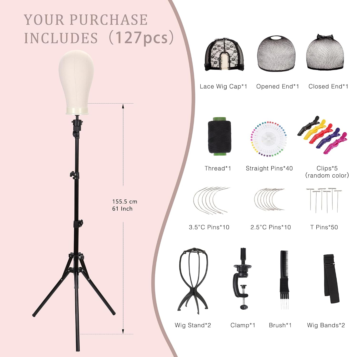 Thumbnail 1 de Demides 22'' Canvas Wig Head with 61'' Adjustable Tripod Stand – Mannequin Head Set for Styling, Display, and Practice