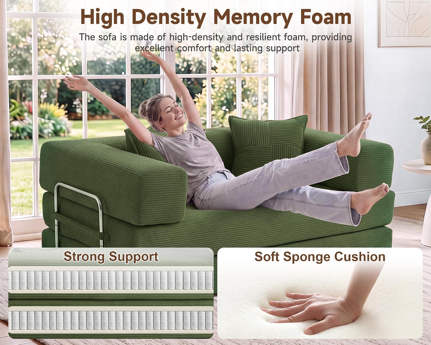 Detalle 2 de Dyonery CA-S61-CO-GN 5-in-1 Convertible Corduroy Sleeper Sofa, Green