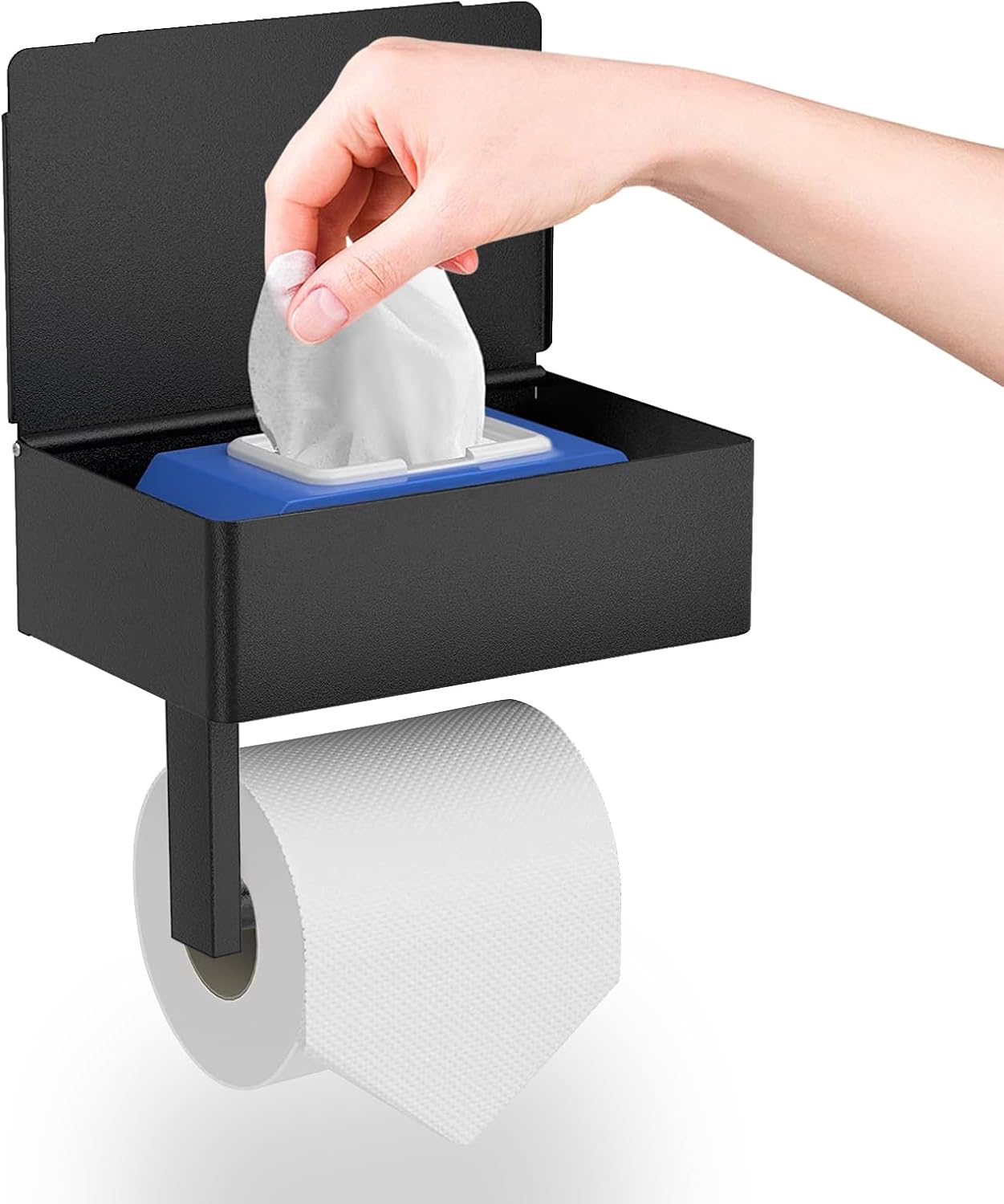 Detalle de GUIGUZI WSZJ-BE toiletrolhouder met doekjesbox, mat zwart en twee montageopties