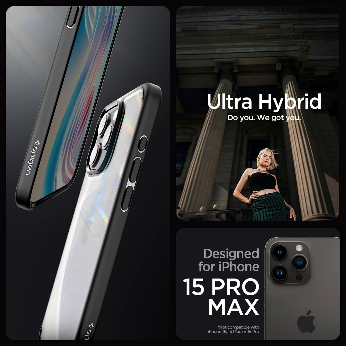 Detalle de Spigen Coque Ultra Hybrid anti-jaune et antichoc pour iPhone 15 Pro Max (noir mat)