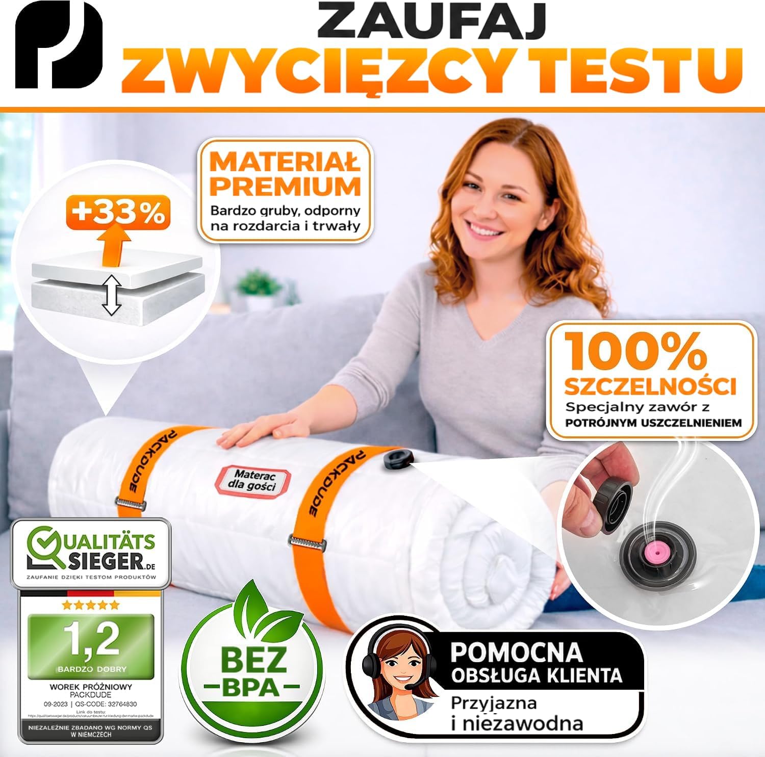 Detalle 2 de PACKDUDE PD-VB-BE-P2 – worek próżniowy na materac 240 × 200 cm, do 33 cm