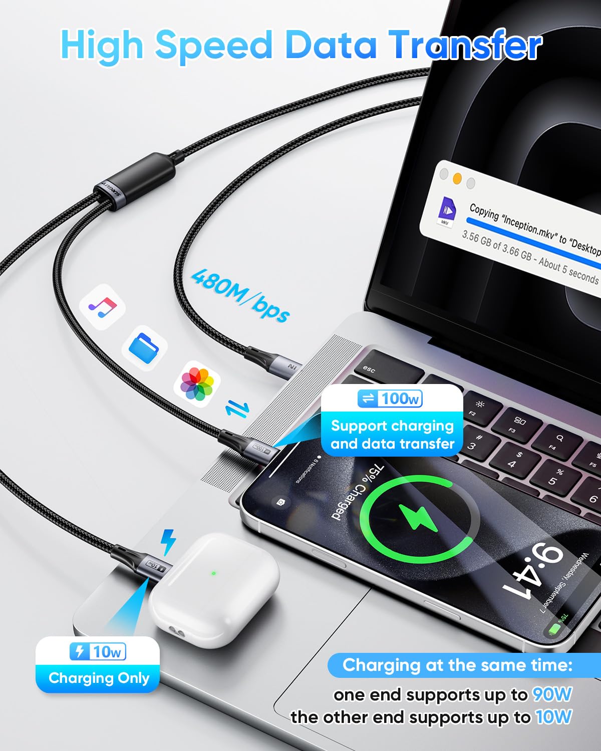 Thumbnail 4 de SUNGUY 2‑in‑1 USB‑C auf USB‑C Kabel 0,6 m – 100 W Schnellladung, 2 Anschlüsse für Laptop und Smartphone