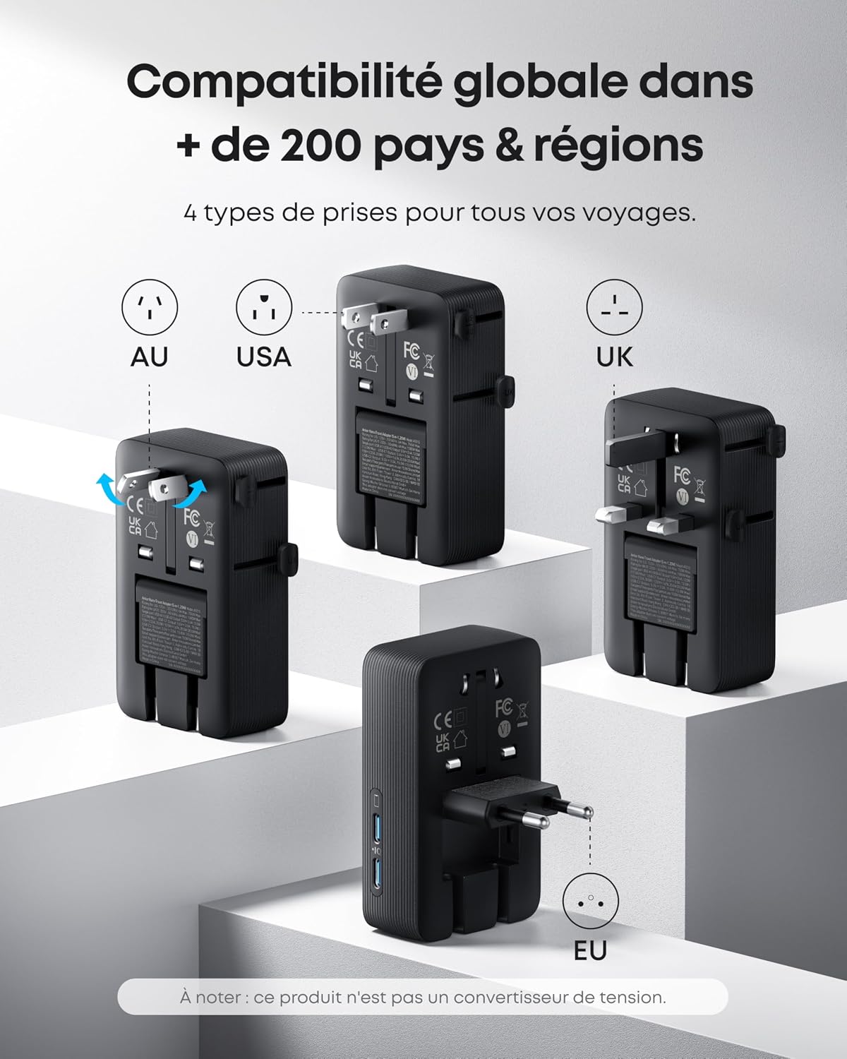 Detalle 2 de Anker Nano Adaptateur Prise Universelle 5-en-1, parfait pour les voyages