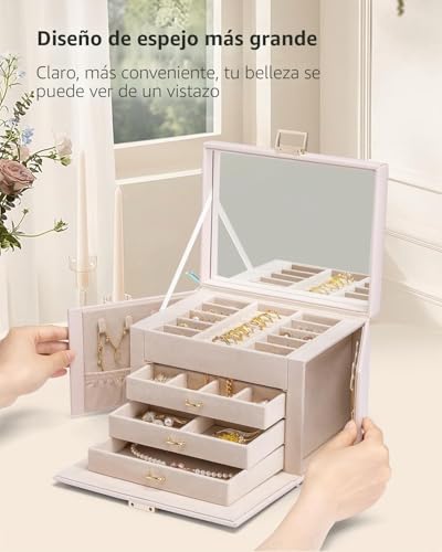 Detalle 2 de Vlando Caja grande para joyas con 4 niveles: joyero de PU cuero, espejo y cajones