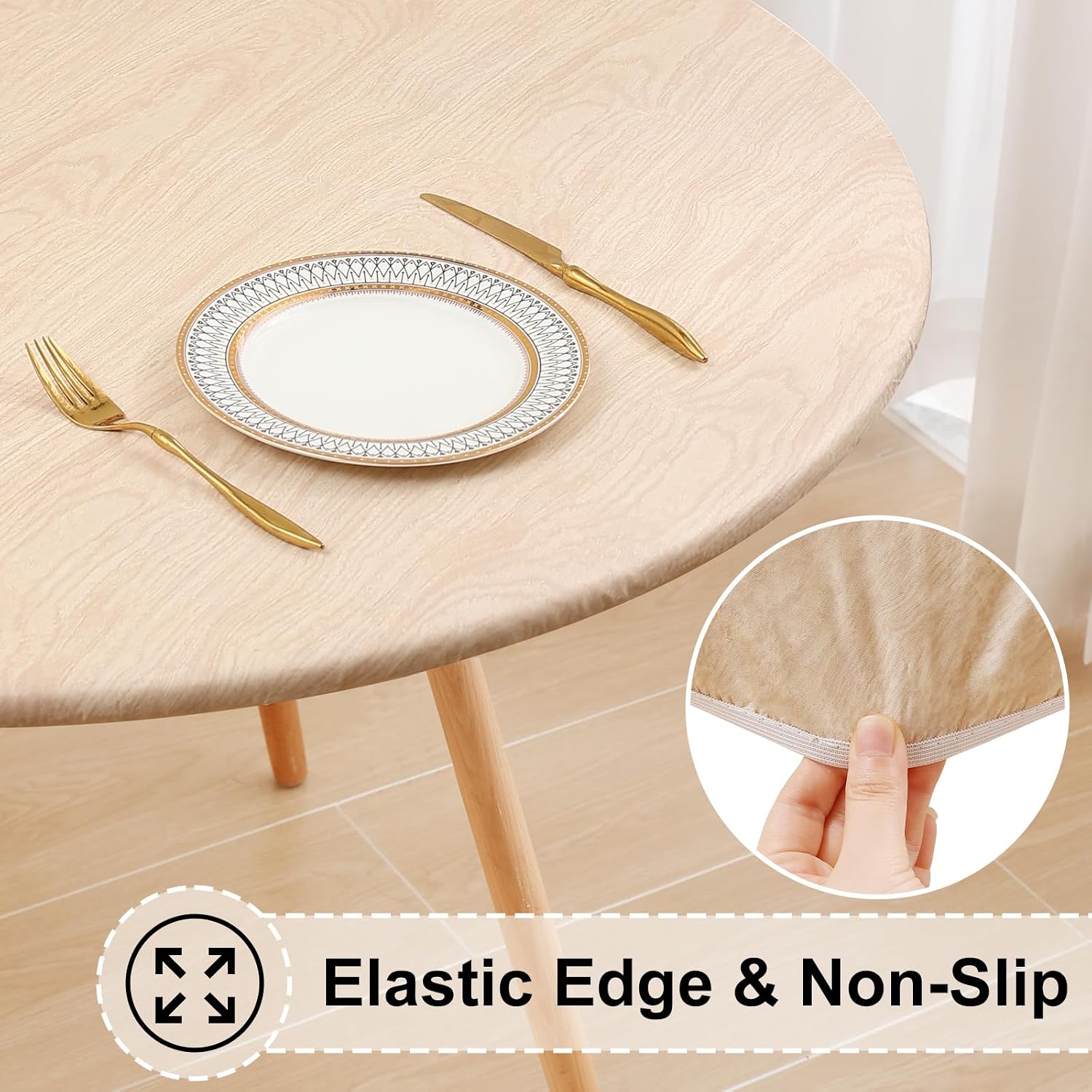 Detalle 2 de misaya Round Vinyl Tablecloth for 45"-56" Tables, Elastic Edge, Flannel Backing