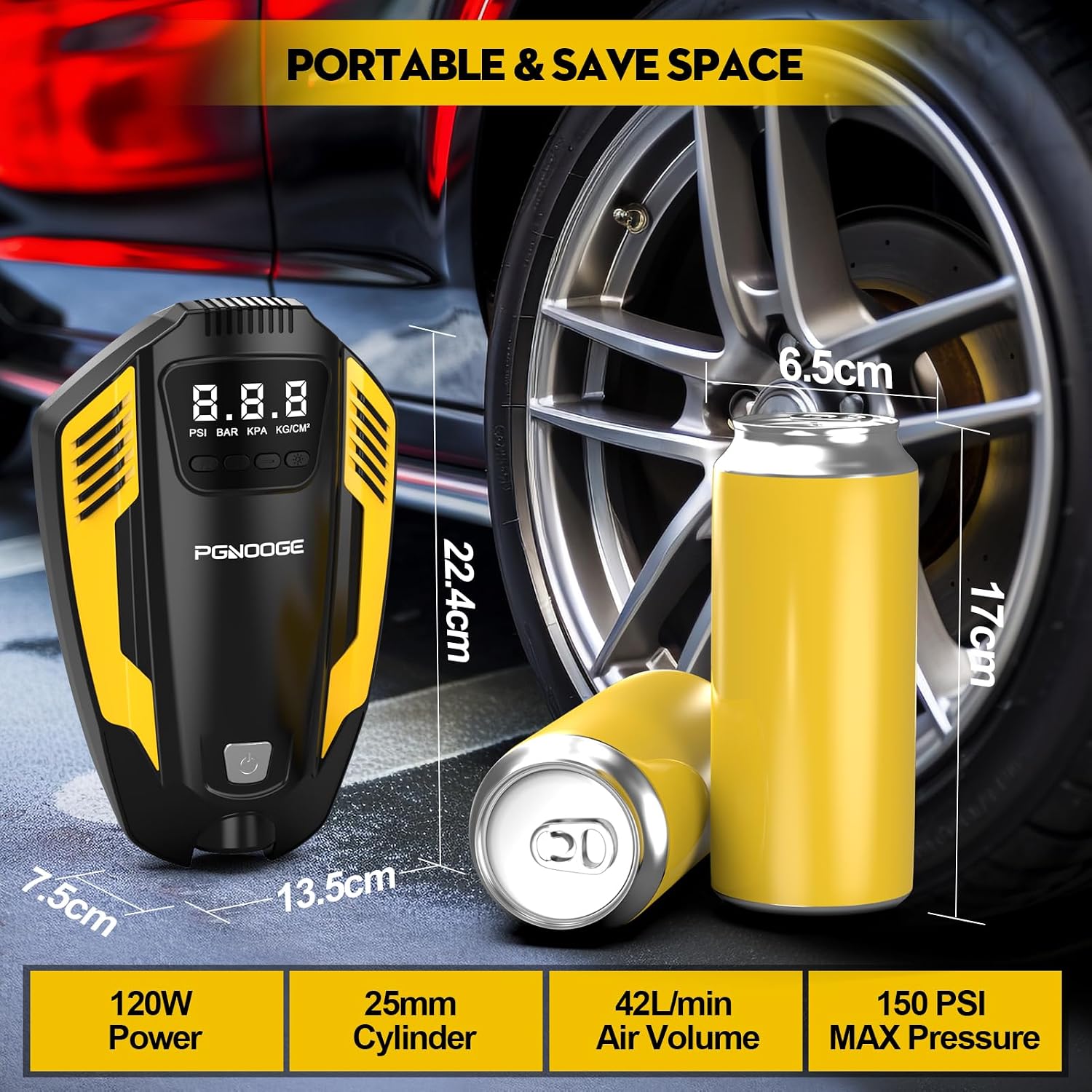 Thumbnail 6 de PGNOOGE ATJ-1466 autobandenpomp 12 V, 150 psi, automatische stop en ledlicht