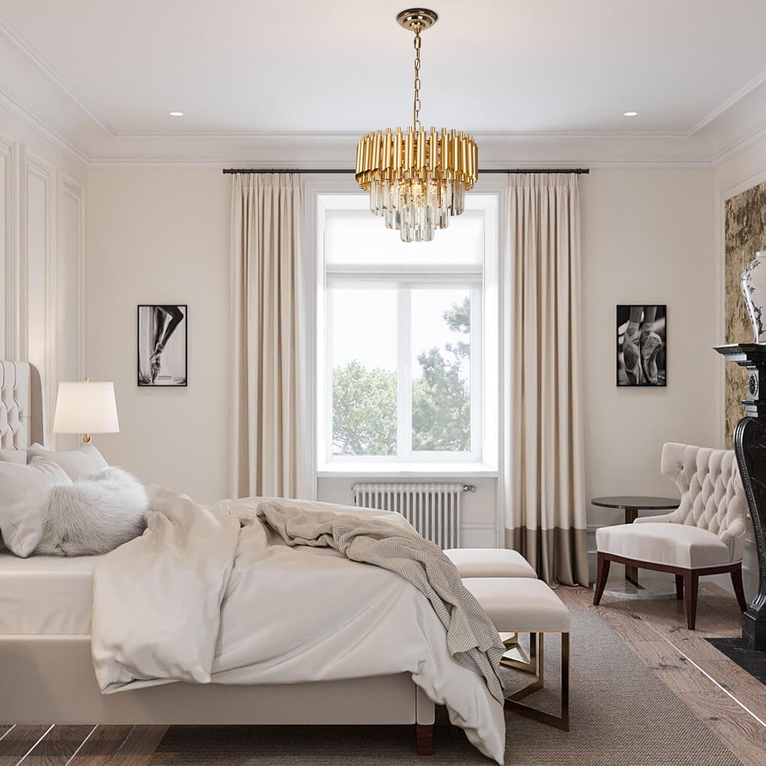 Thumbnail 2 de FRIXCHUR Gold Crystal 3-Tier Raindrop Flush Mount Ceiling Light (E14, bulbs not included)