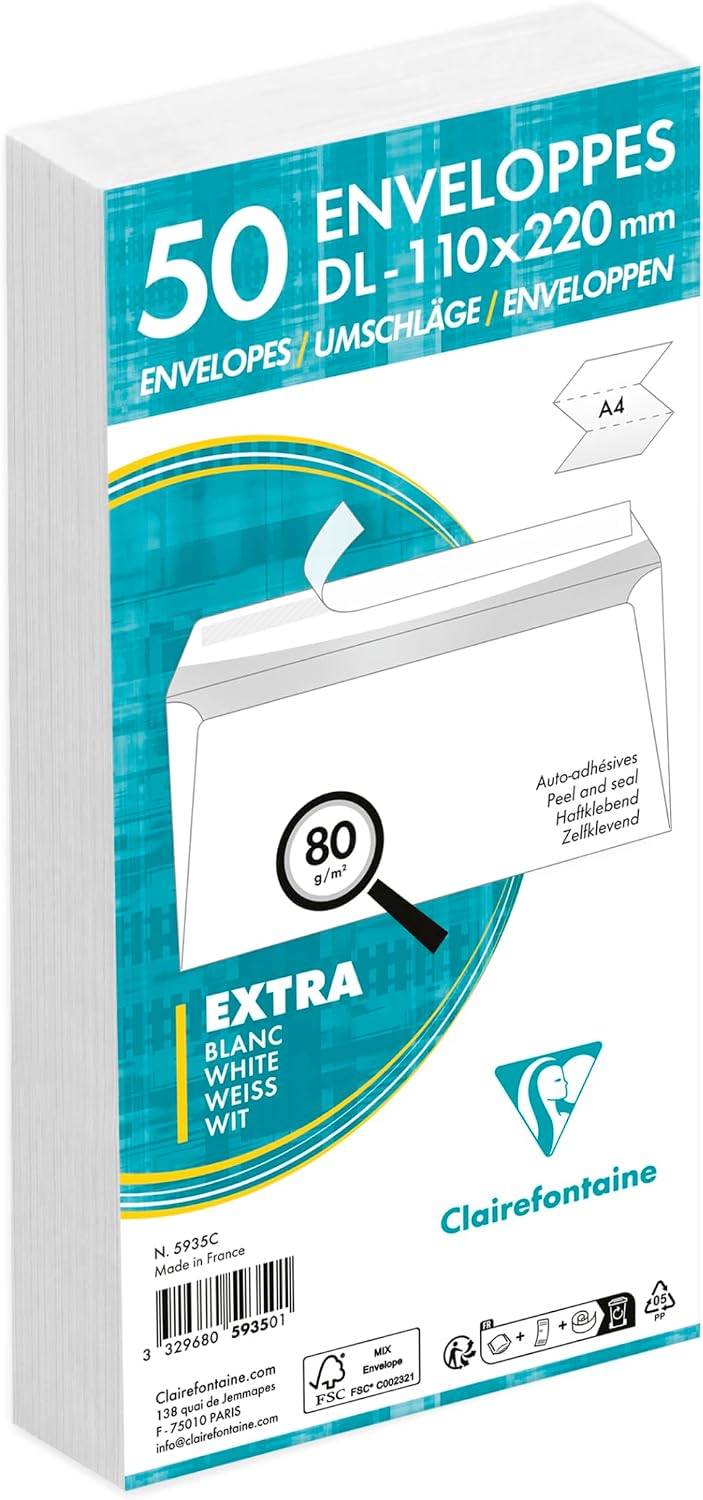 Detalle de Clairefontaine 5936C: Confezione da 50 Buste Bianche C6-114x162 mm Autoadesive 80 g/m²