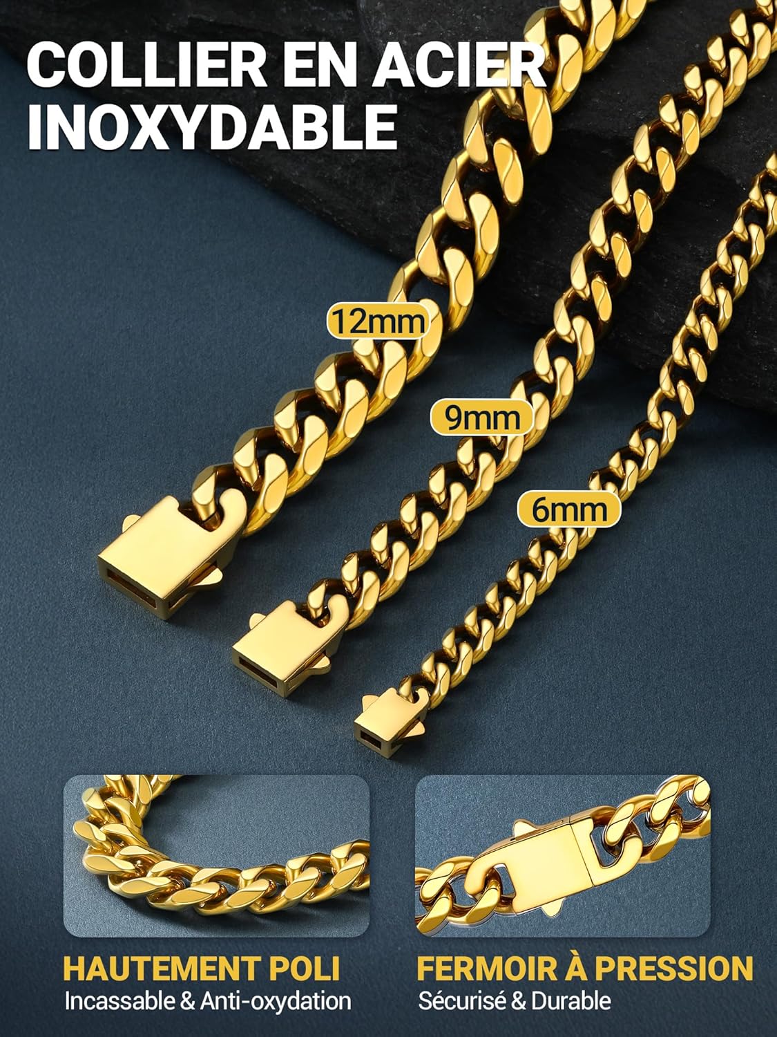 Thumbnail 5 de Collier chaîne cubaine homme PROSTEEL en acier inoxydable / plaqué or, noir mat – largeur 6/9/12 mm