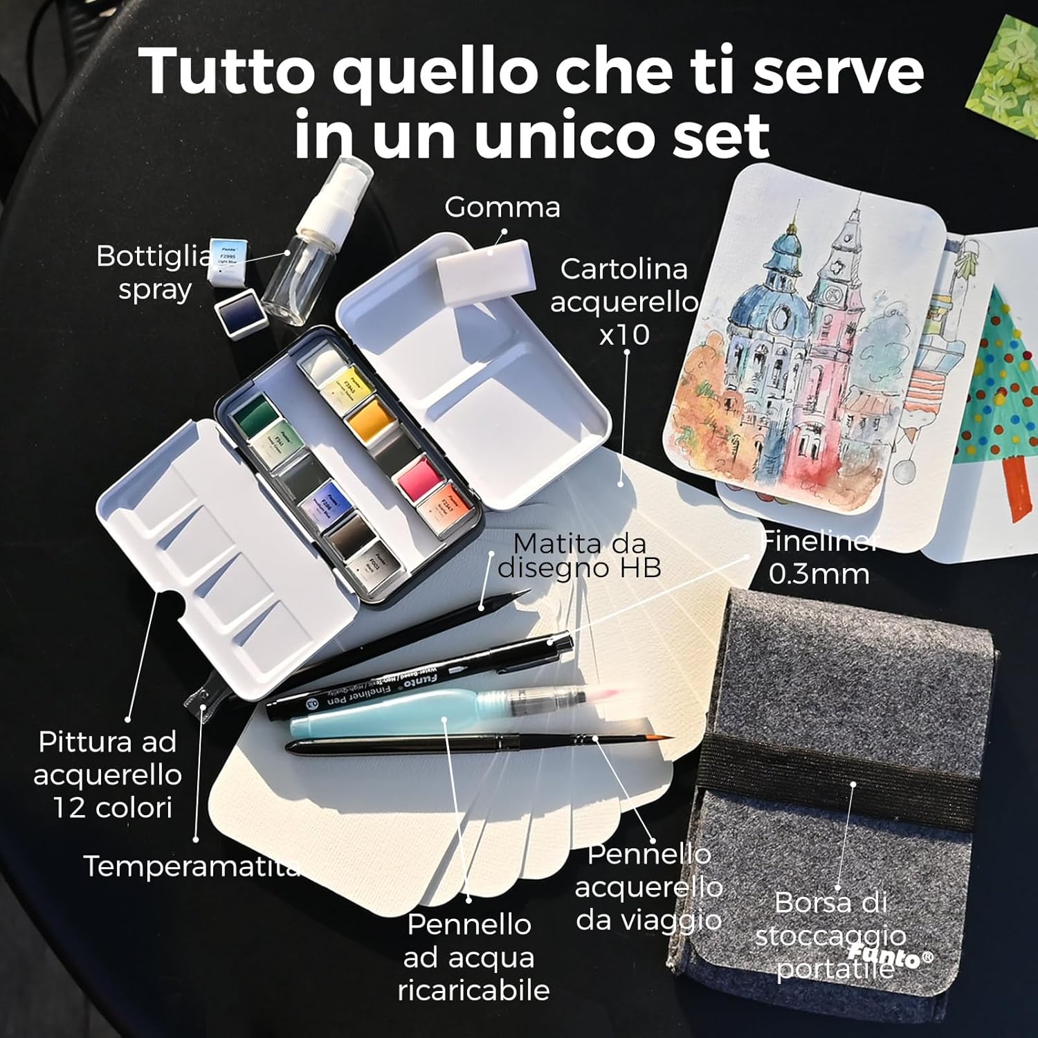 Thumbnail 1 de Funto Set da Viaggio Acquerello Premium – 12 Colori e Accessori per Pittura in Movimento