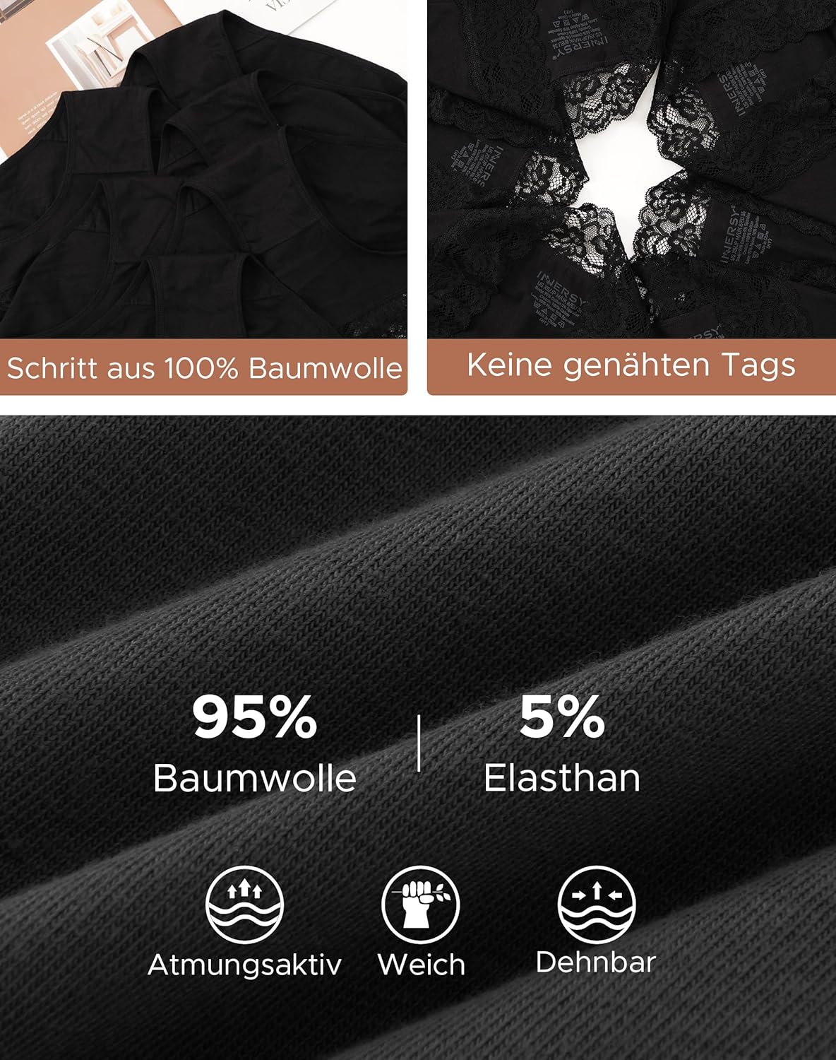 Detalle 2 de INNERSY Unterhosen Damen Baumwolle Slips mit Spitze – bequeme Hipster im 6er-Pack