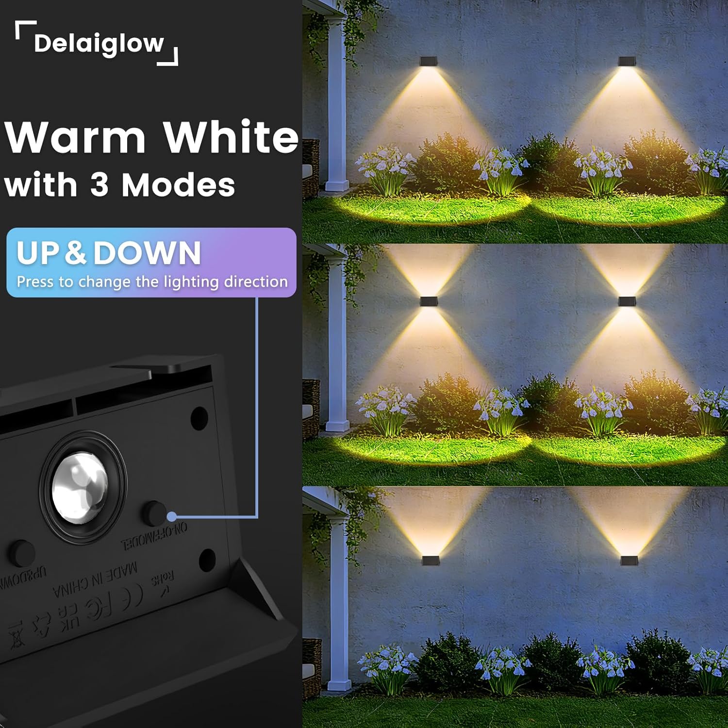 Detalle 2 de Delaiglow Solar Fence Lights Outdoor (8 Pack) – Warm White, IP67 Up & Down Wall Lights