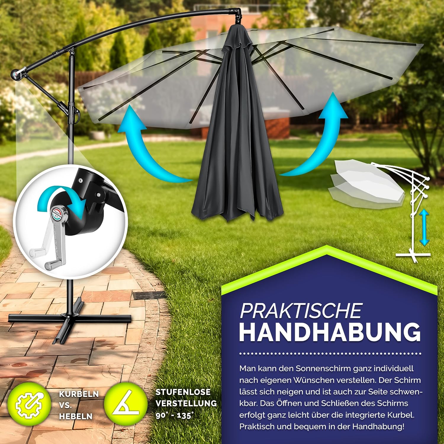 Detalle de Tillvex Alu Sonnenschirm + Abdeckung Ø 350 cm – Ampelschirm mit Kurbel, Ständer & Windschutz aus Aluminium