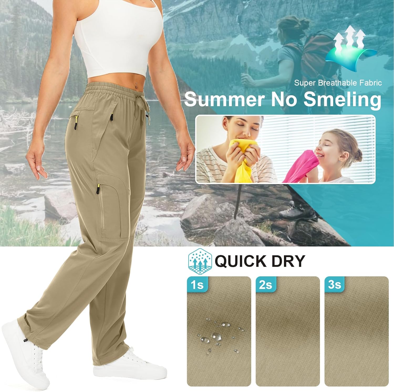 Detalle 2 de mosingle Women’s Walking Cargo Trousers – Lightweight quick-dry hiking pants with UPF 50 and zip pockets