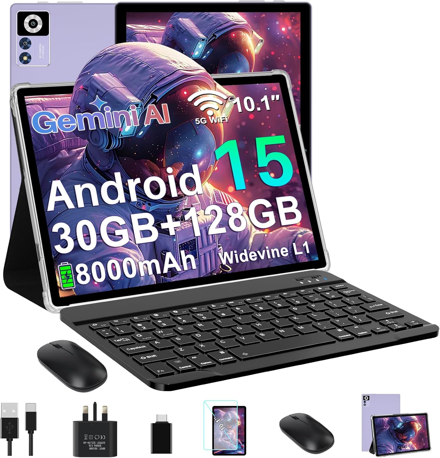 Detalle de Gemini AI Android 15 Tablet 10" — 30GB RAM, 128GB ROM, 2TB Expandable, 8000mAh, 2-in-1 with Keyboard & Mouse (Purple)