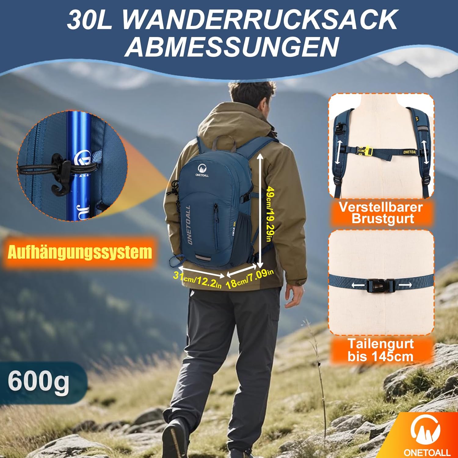 Detalle de ONETOALL Wanderrucksack Damen – 30 L, leicht, wetterfest und mit Rückenbelüftung