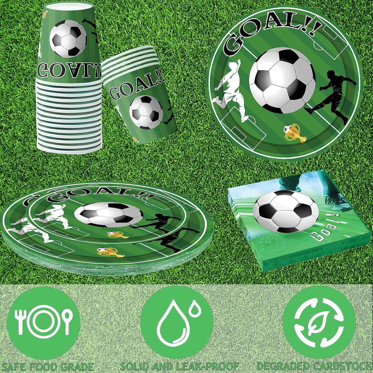 Detalle de ASSUGO Partygeschirr-Set Fußball EM 2024 (60-tlg.) mit Papptellern, Bechern, Servietten & Strohhalmen