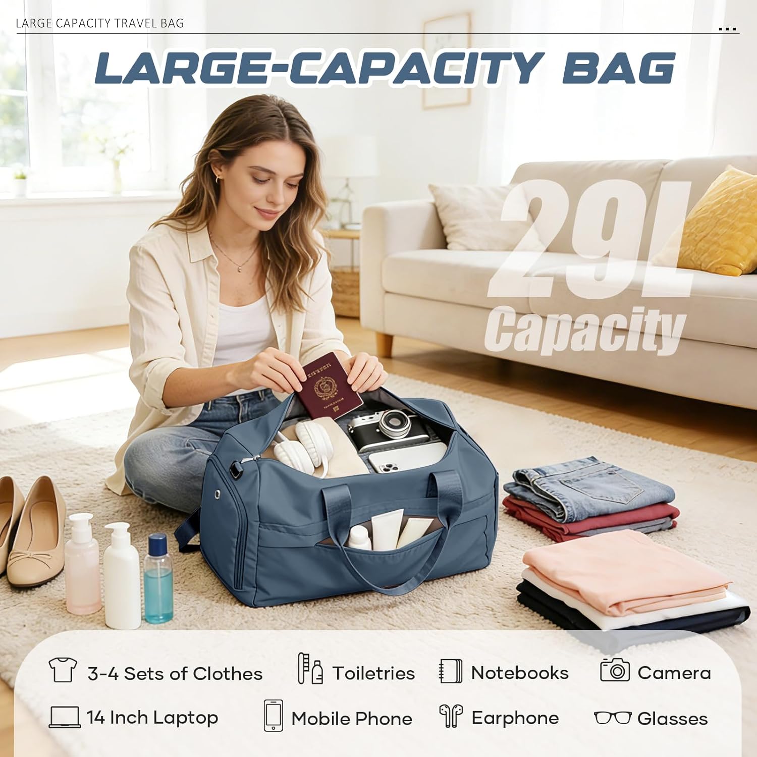 Detalle de WEPLAN Sporttasche D2-Königsblau – Wasserdichte Weekender- und Reisetasche mit Schuhfach