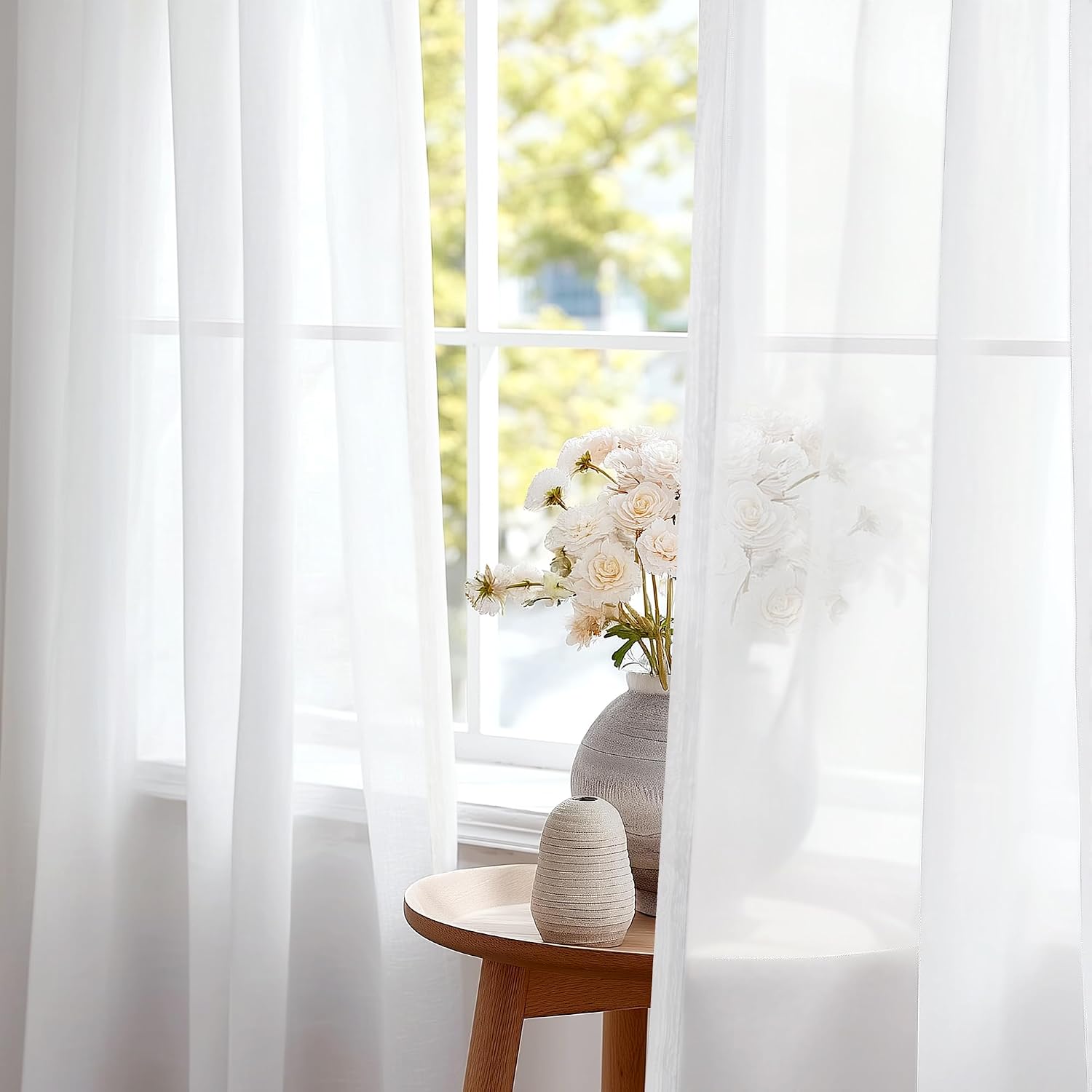 Detalle de Deconovo DECT0151K2X-3D voilegordijnen, set van 2, wit polyester