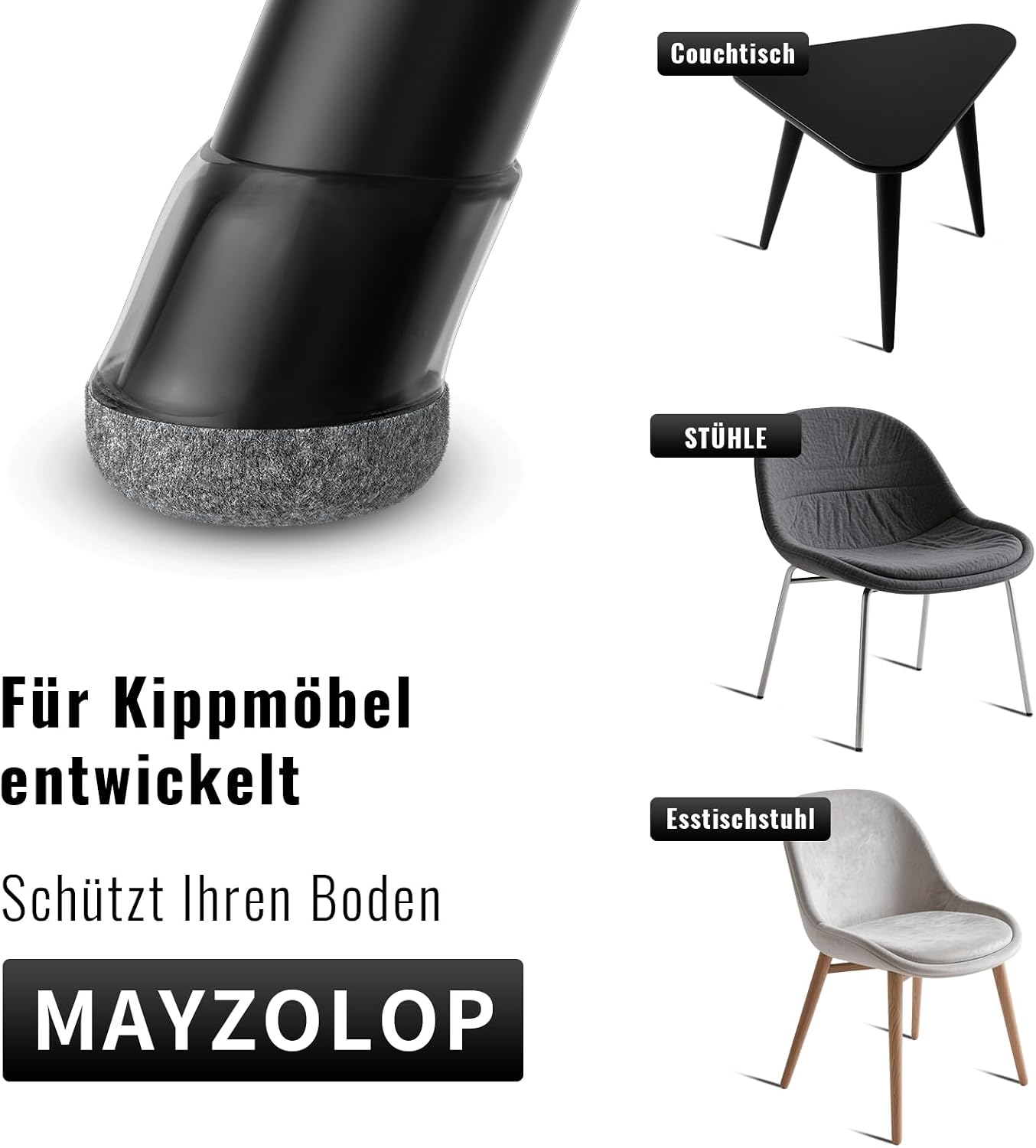 Thumbnail 2 de MAYZOLOP 16 Stück Stuhlbeinkappen für schräge Stuhlbeine (Ø26–33 mm) mit grauem Filz