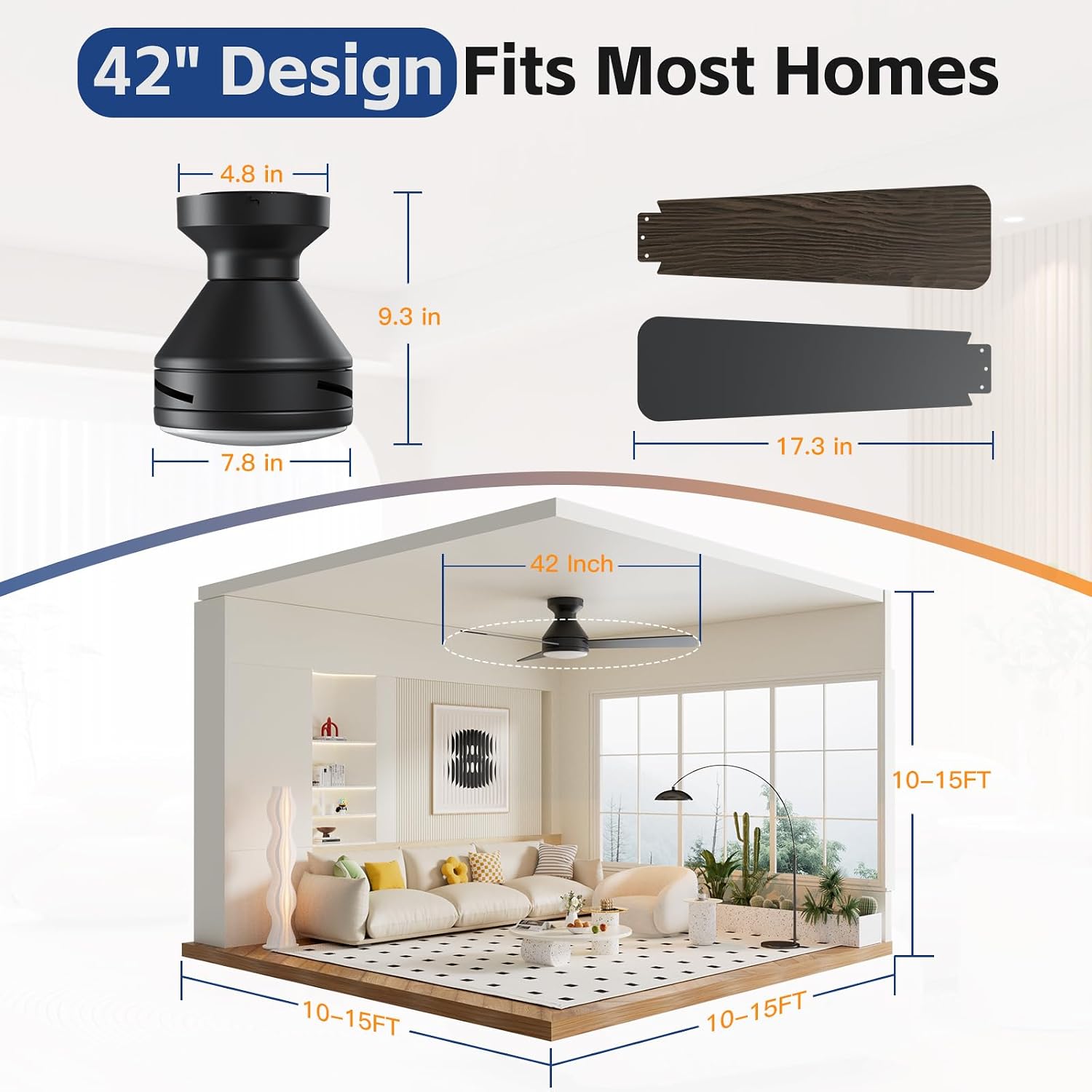 Detalle de DAHUICFL FSD-42-Black 42-Inch Flush-Mount Ceiling Fan with LED Light & Remote
