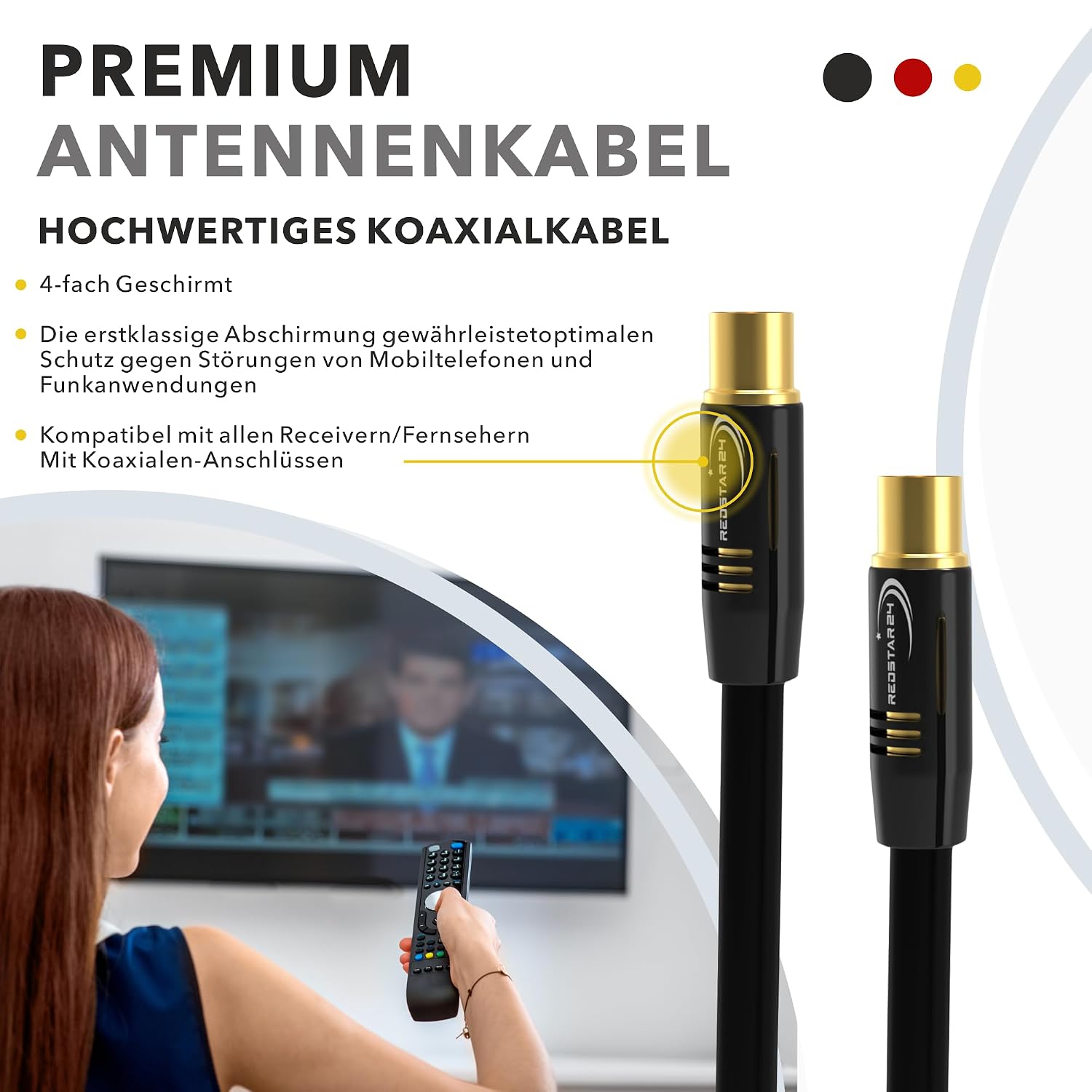 Detalle de RedStar24 Antennenkabel 3 m Schwarz (IEC Stecker auf IEC Buchse) – Koaxialkabel für TV, Radio und DVB