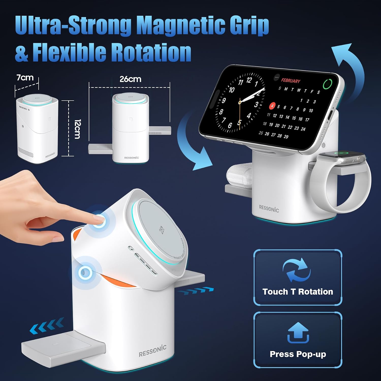 Detalle 1 de RESSONIC 3-in-1 Wireless Charging Station, 25W Magnetic Dock
