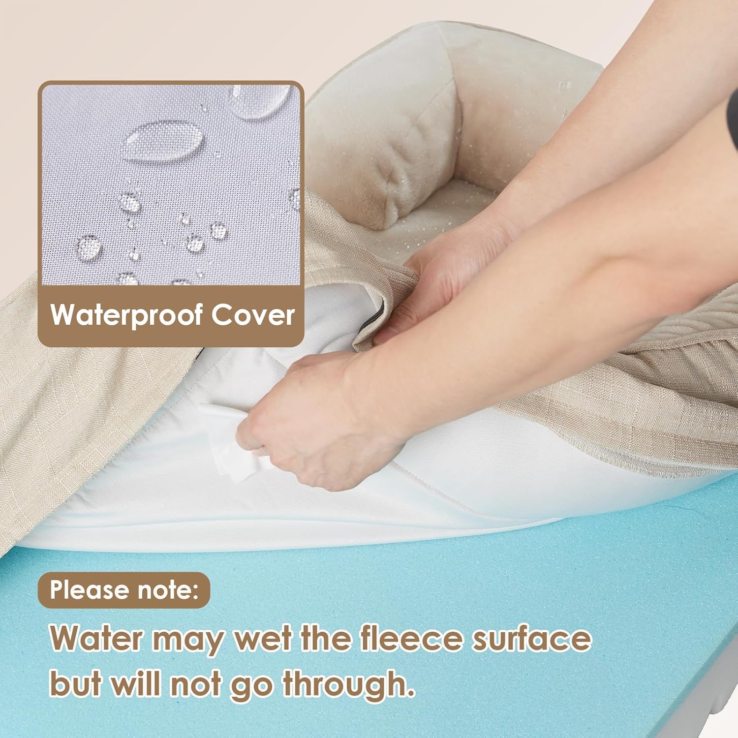 Detalle de EHEYCIGA Orthopädisches Hundebett für kleine Hunde (76 x 51 cm) mit Memory-Schaum, wasserabweisend & rutschfest, beige
