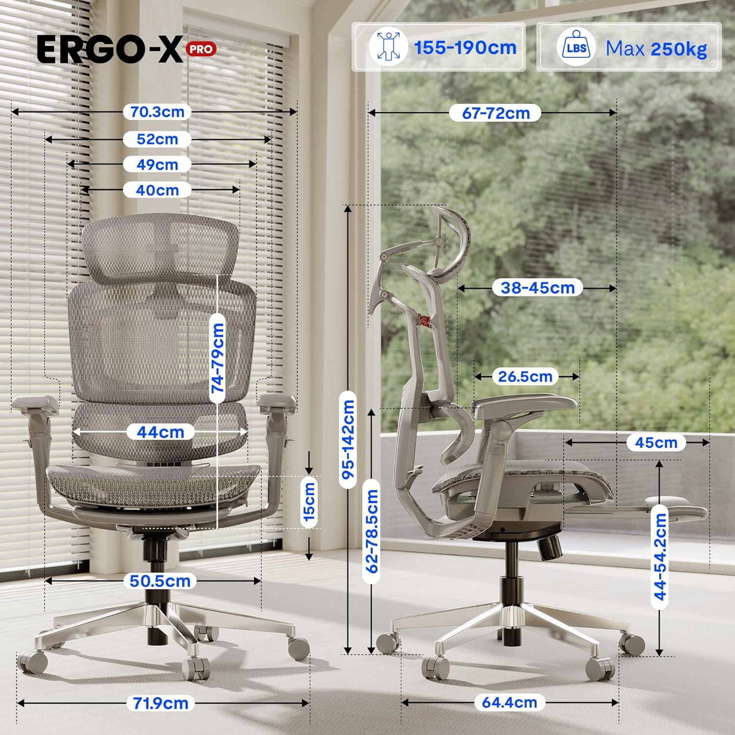 Detalle de FLEXISPOT ErgoX Pro – Chaise de bureau ergonomique avec Repose-Pieds, accoudoirs 7D et soutien lombaire 12 niveaux