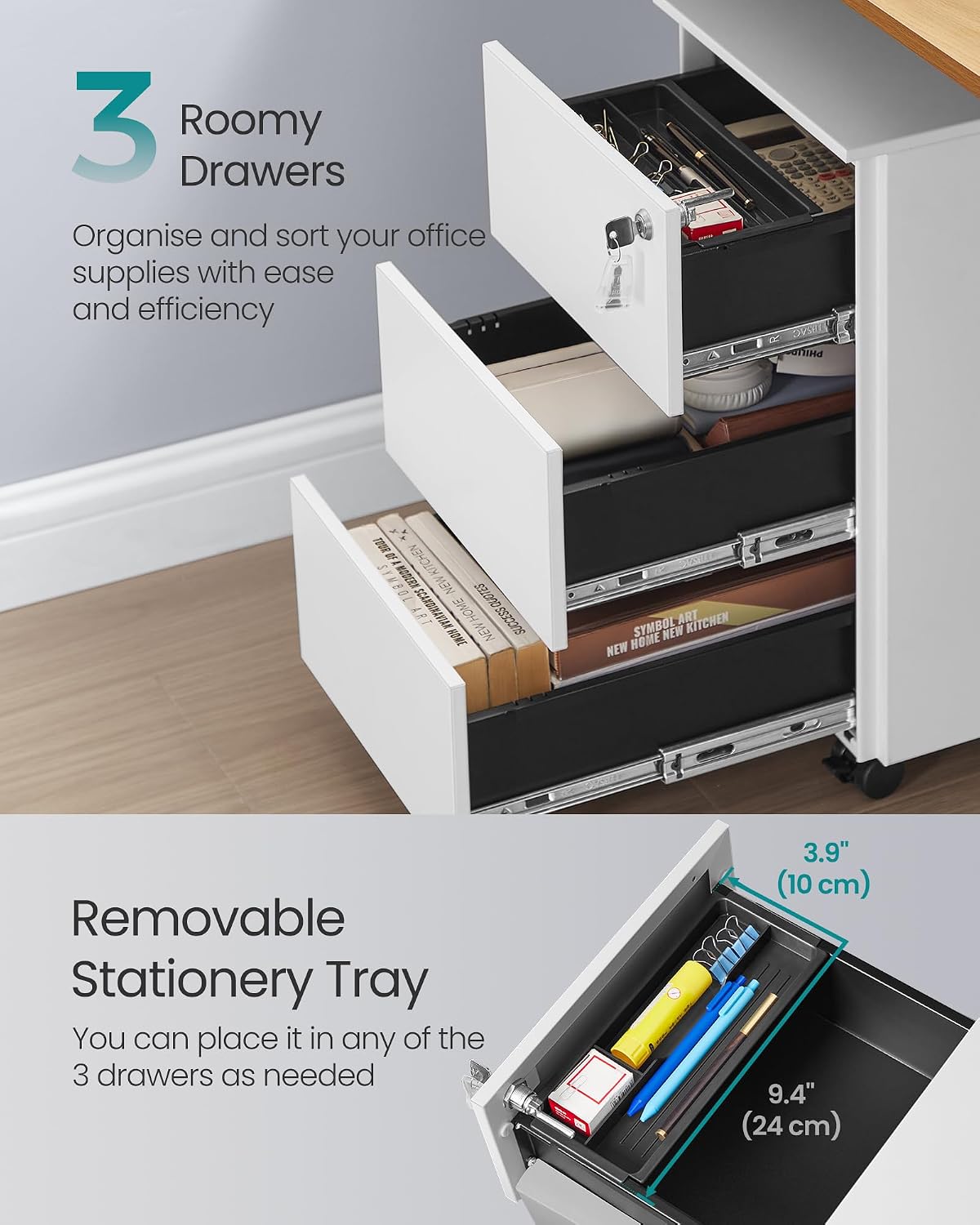 Detalle 2 de SONGMICS BEREND OFC079W01 Mobile Filing Cabinet, 3 Drawers, Lockable