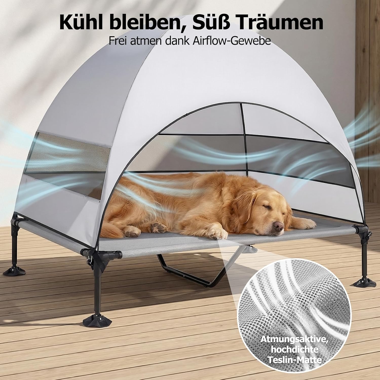 Detalle de Erhöhtes Outdoor-Hundebett mit UV-beständigem Dach | XL Grau – einfaches Aufstellen, kühler Schattenplatz für Camping, Garten und Pool