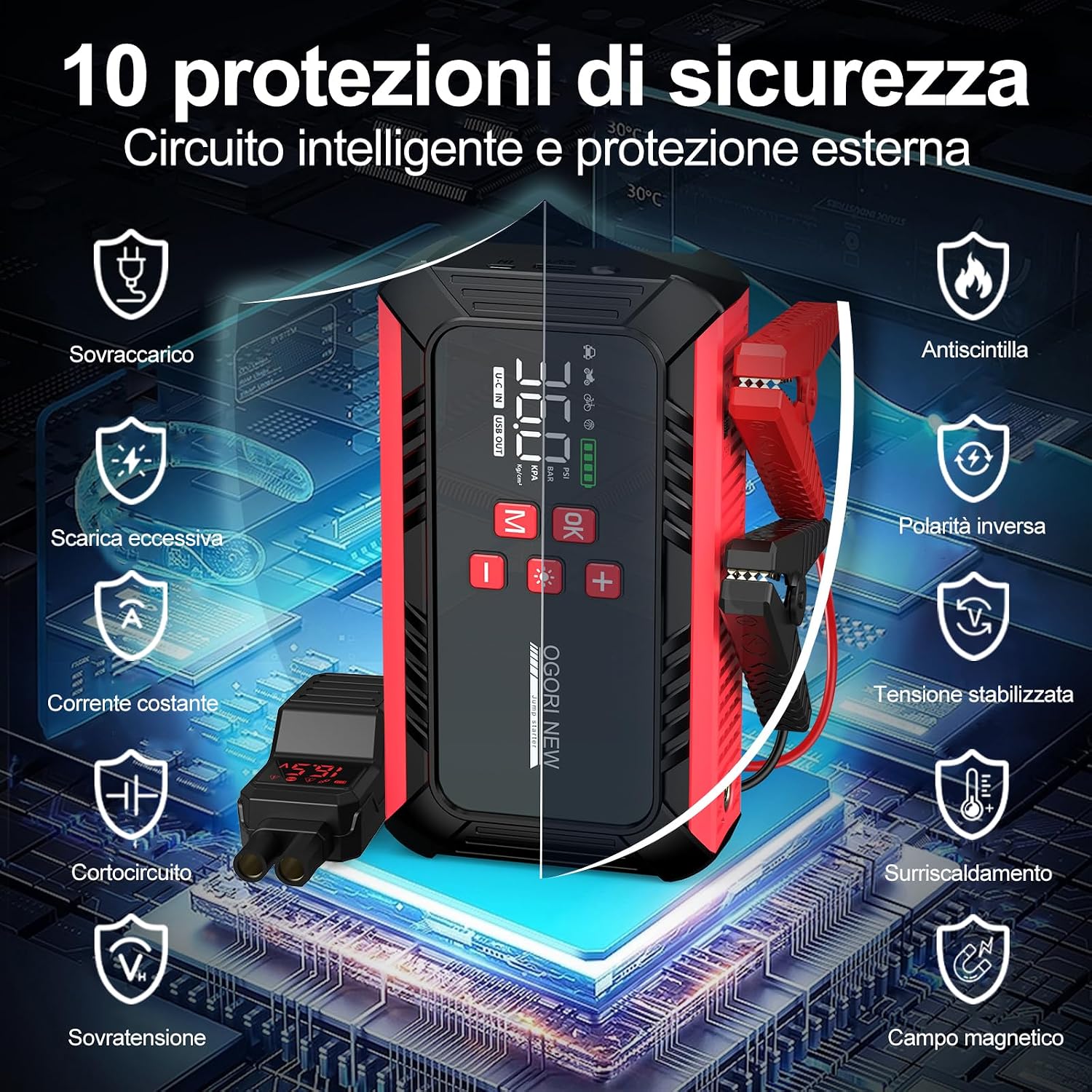 Detalle de OGORI NEW Booster Avviamento Auto portatile 6000A con compressore aria, torcia LED e display LCD