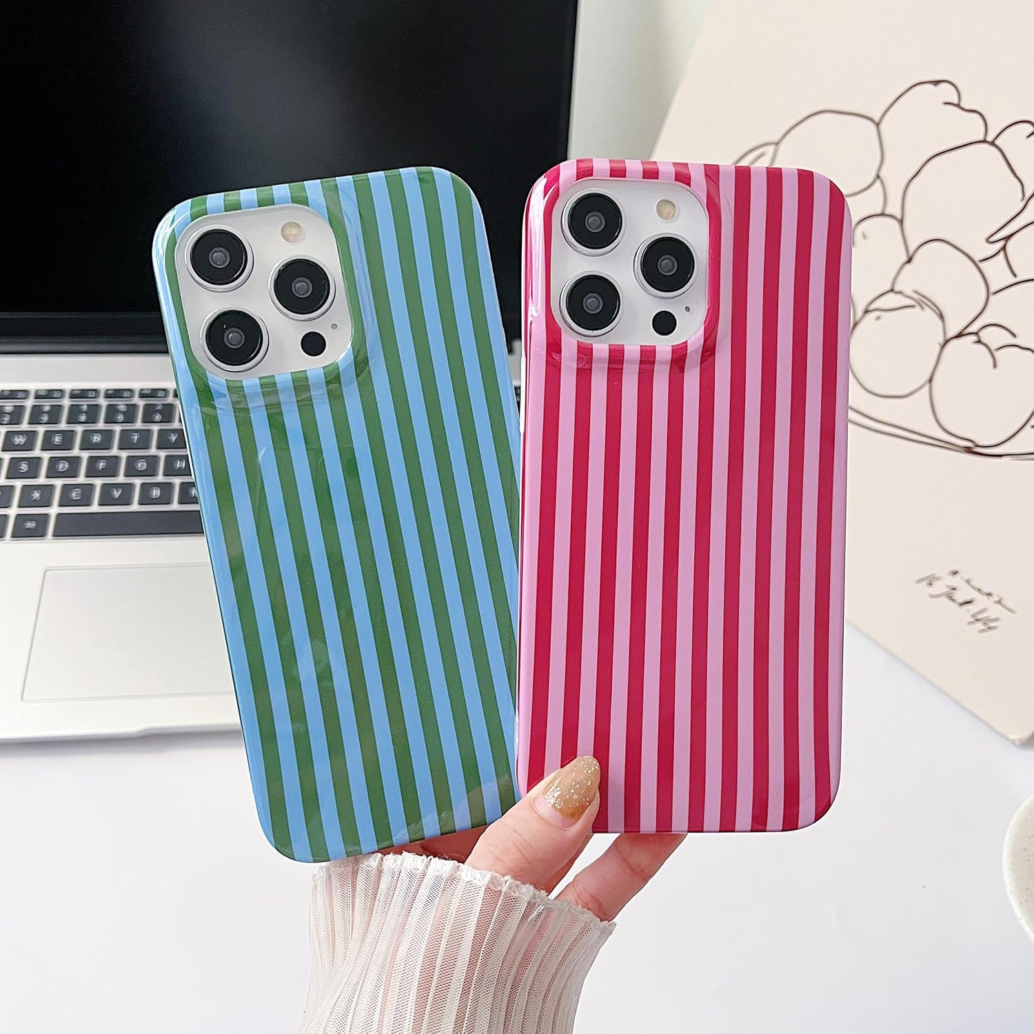 Thumbnail 4 de Finyosee iPhone 15 Pro Max Case, Green Striped TPU with Raised Edges