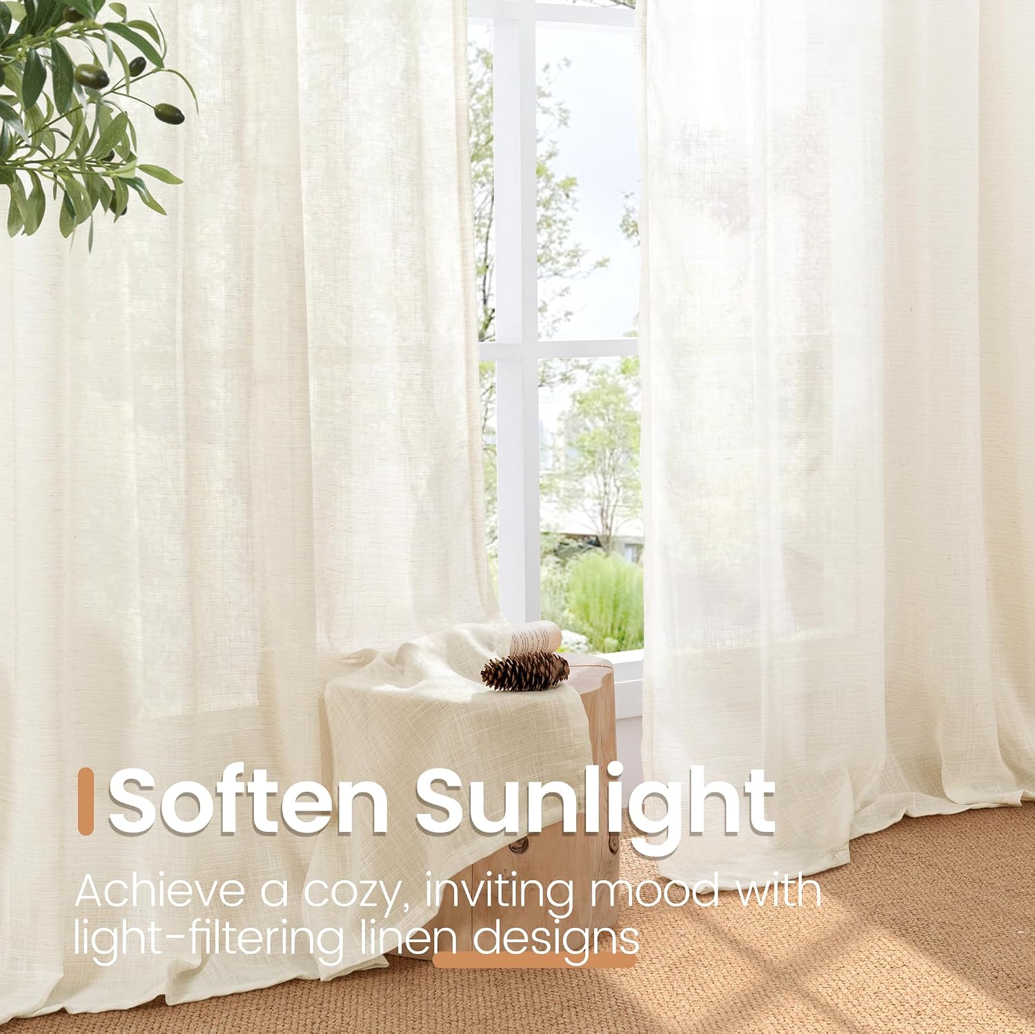 Detalle 1 de BGment ivory5284 Ivory Linen Curtains, 84-Inch Light-Filtering 2-Panel Set