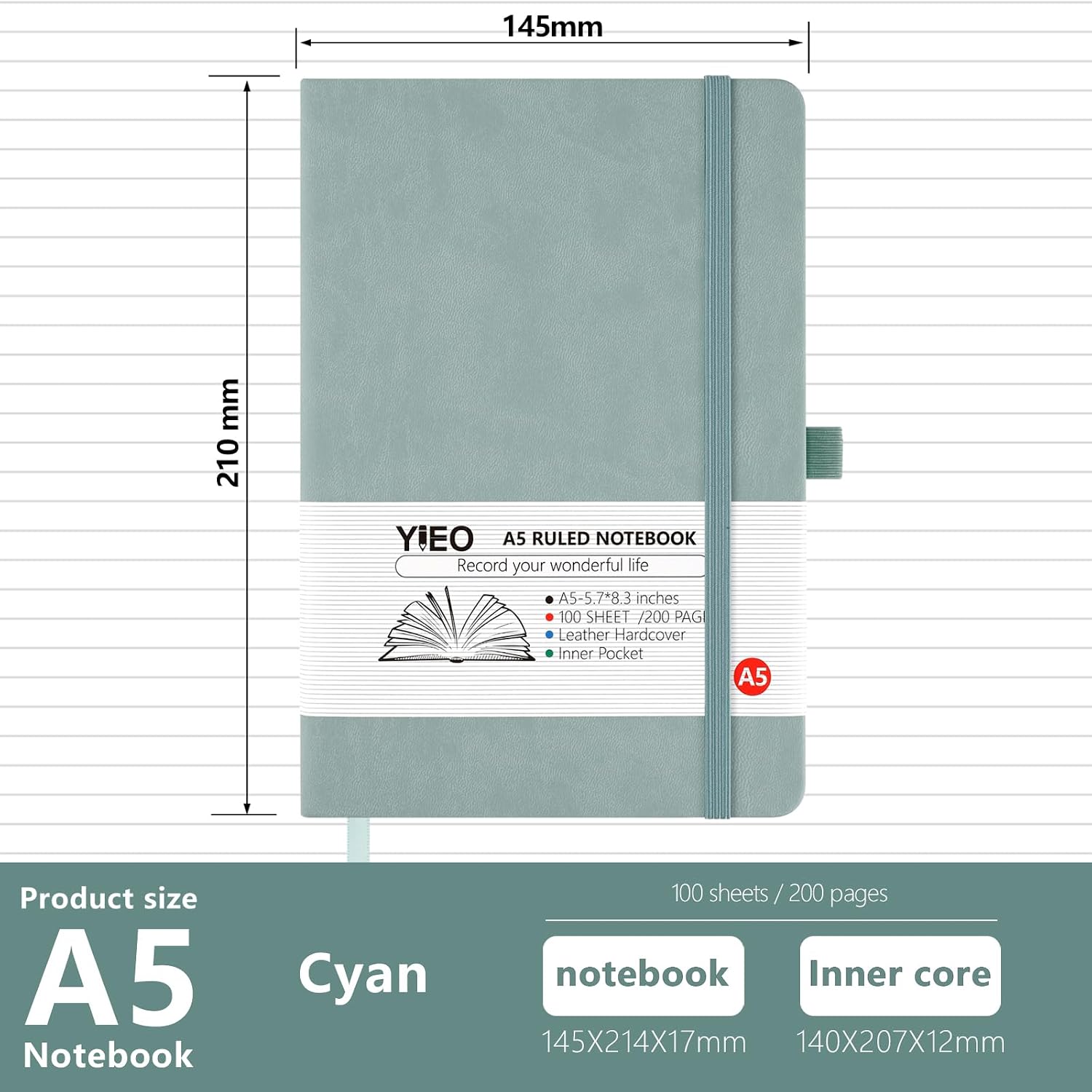 Detalle 2 de YIEO A5 Hardback Journal Notebook 2 Pack with 398 lined pages, bookmark, pen loop & expandable pocket (Black + Grayblue)