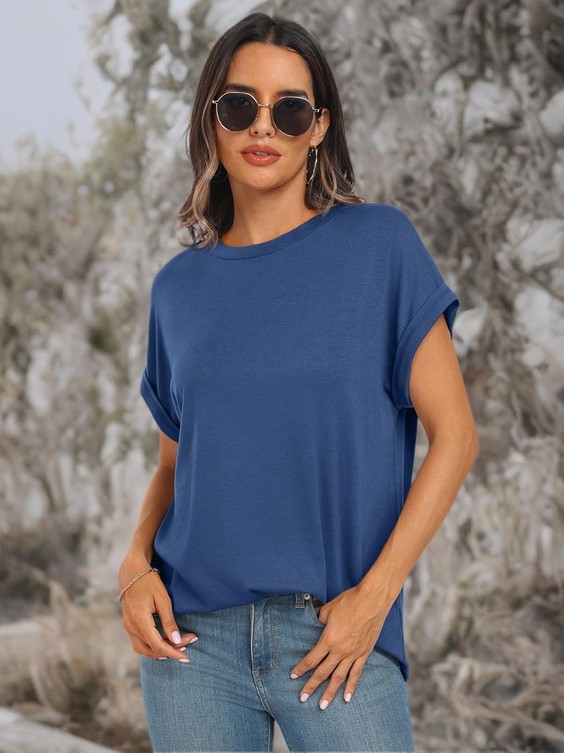 Thumbnail 6 de AUTOMET Women's Oversized Short Sleeve T Shirt with Drop Shoulder and Rolled Cuff