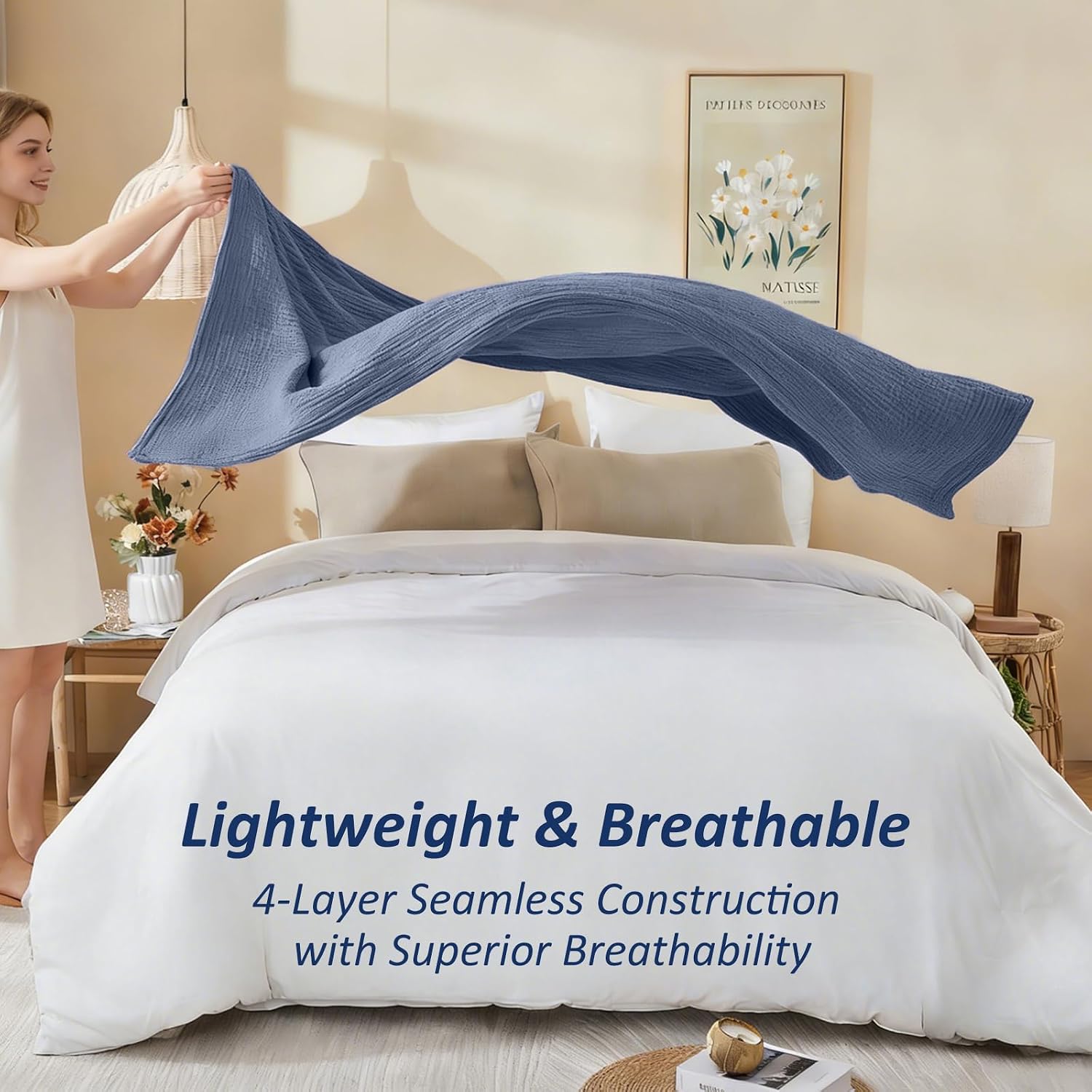 Detalle de EMME Cotton Muslin Large Throw Blanket (Heather Navy) — 50x70, Lightweight & Breathable