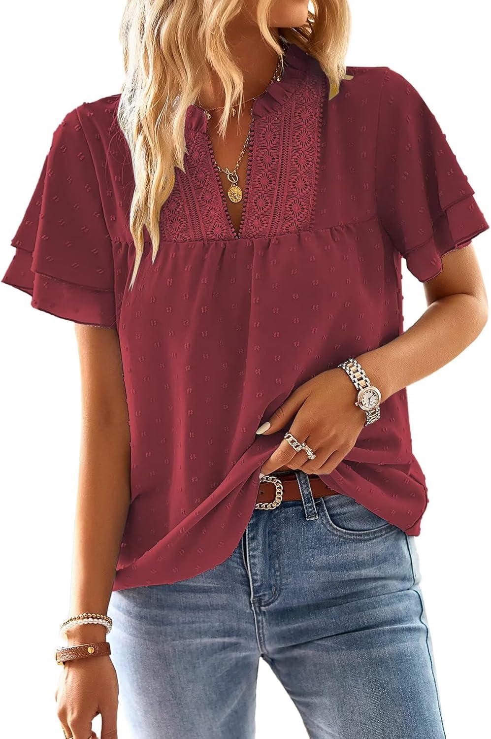 Thumbnail 6 de TUUHAW Damen Boho-Bluse mit V-Ausschnitt und Spitze – kurzarm, locker geschnitten