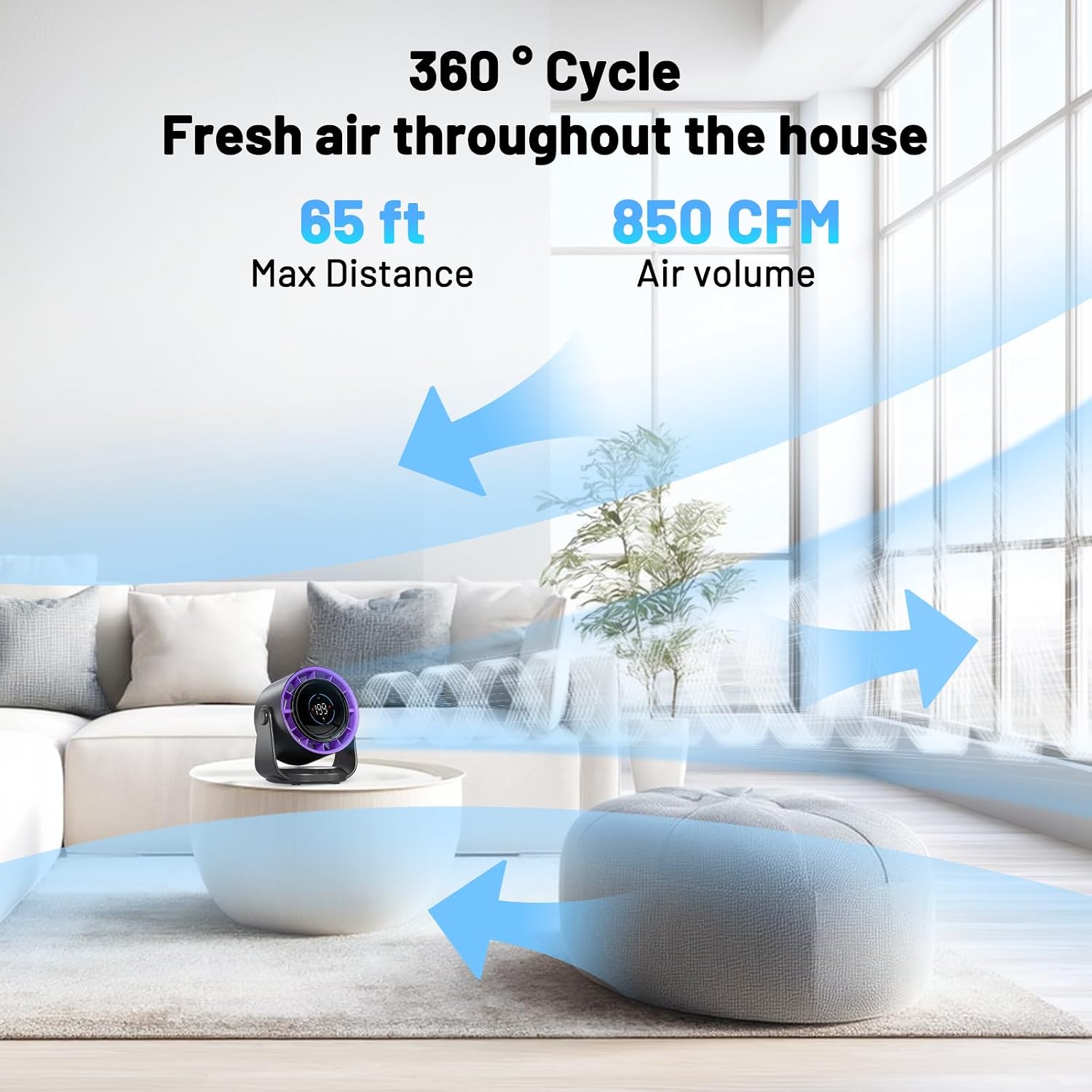 Detalle de PTHTECHUS Ventilatore da tavolo con grande flusso d'aria, batteria da 5000 mAh e display LED
