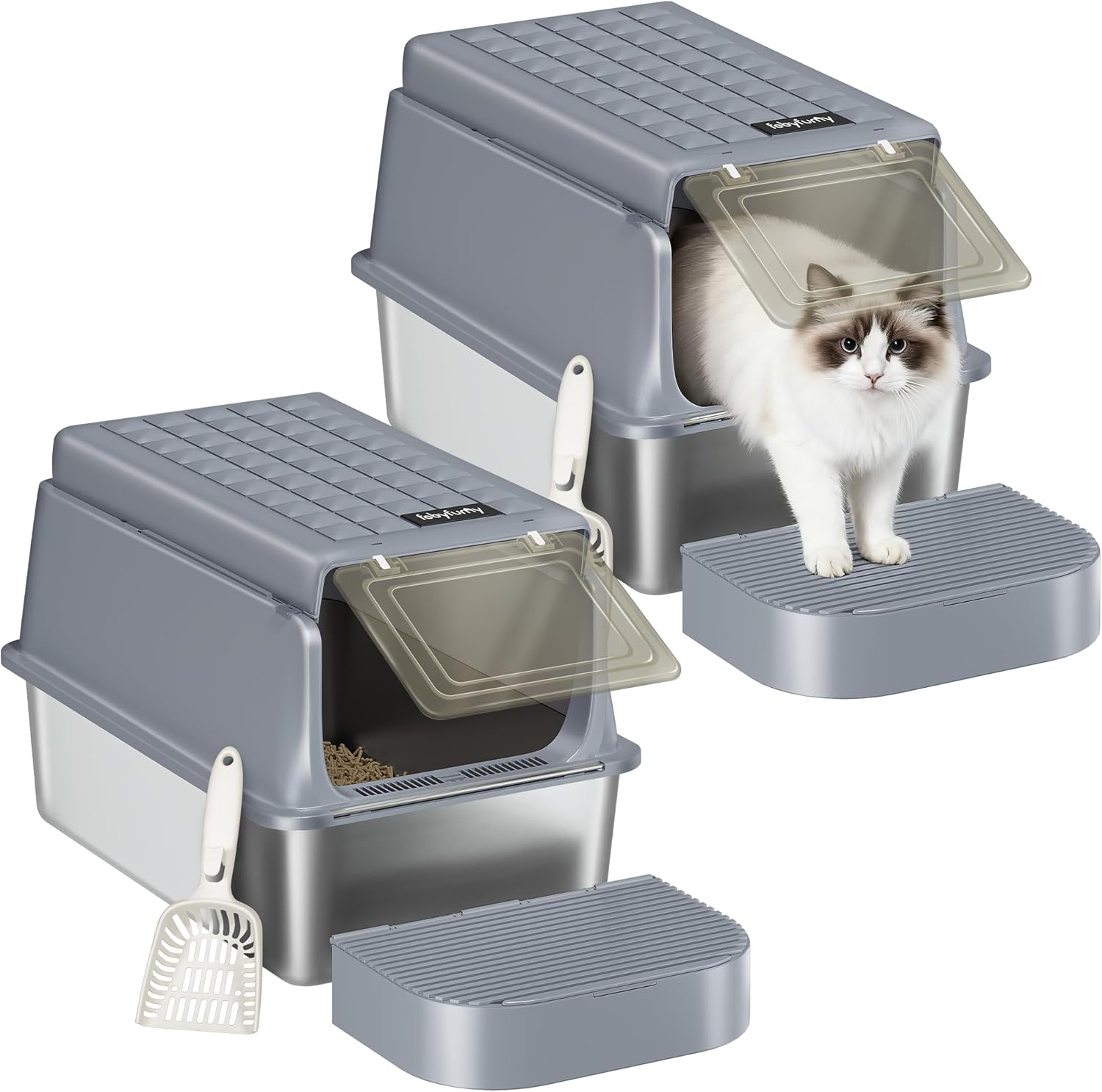 Detalle de Fobyfurny Lettiera in acciaio inox XXL chiusa con coperchio incernierato (con paletta e pedana), confezione da 2