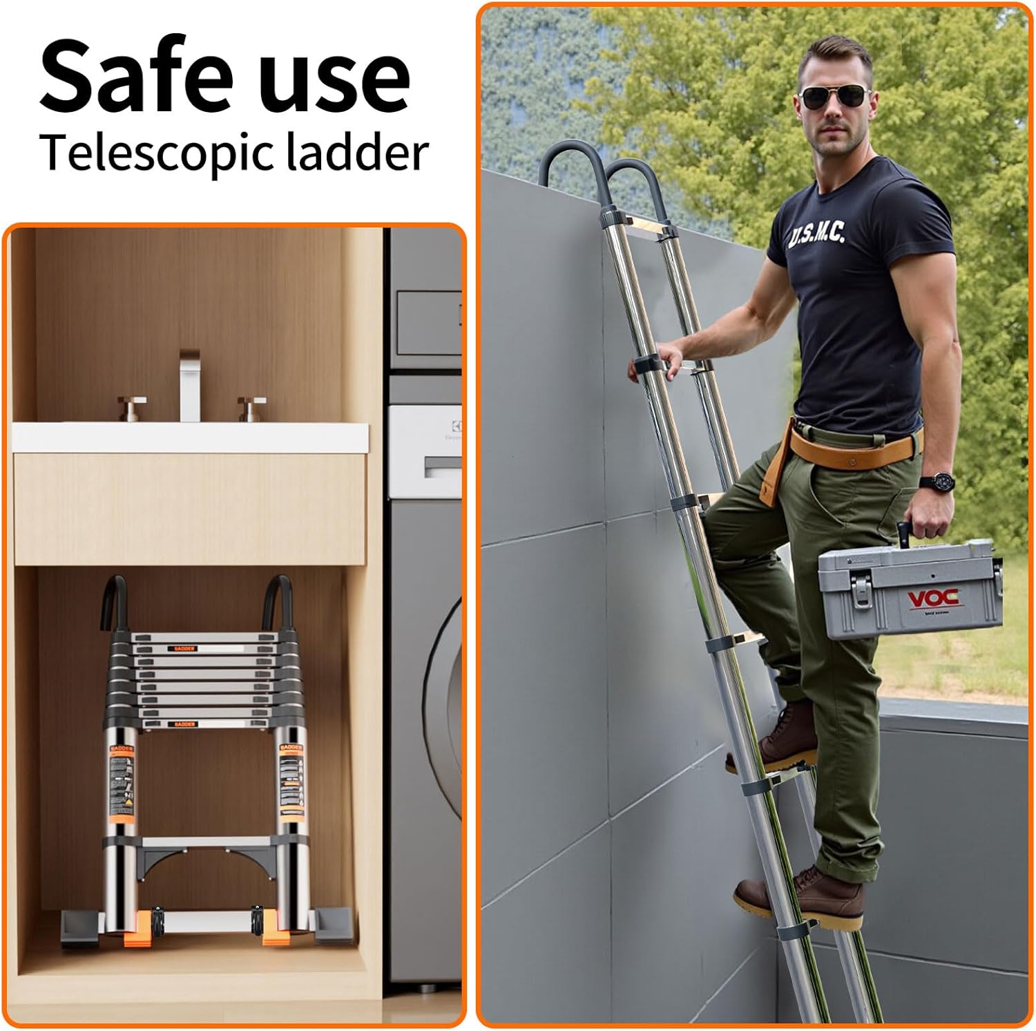Thumbnail 6 de Telescopic Ladder 3.8m Stainless Steel Loft Ladder with Stabiliser Bar & Detachable Hooks (12.5ft)