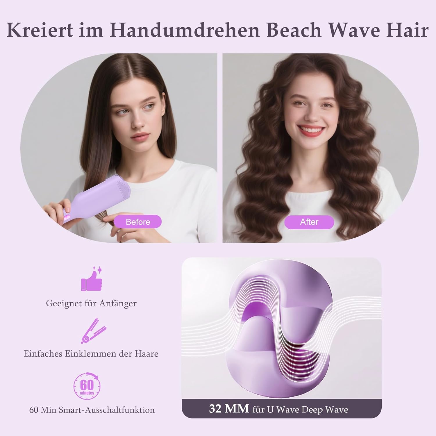 Thumbnail 4 de AISEELY 32mm Welleneisen für Haare – Beach Waves Lockenstab in Lila mit Timer, Abschaltautomatik und Hitzeschutz