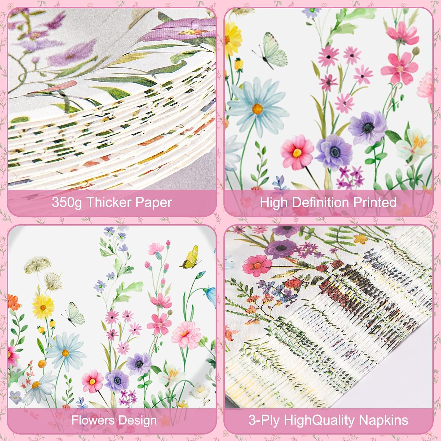 Detalle de 40 Pcs Spring Wildflower Plates and Napkins Sets