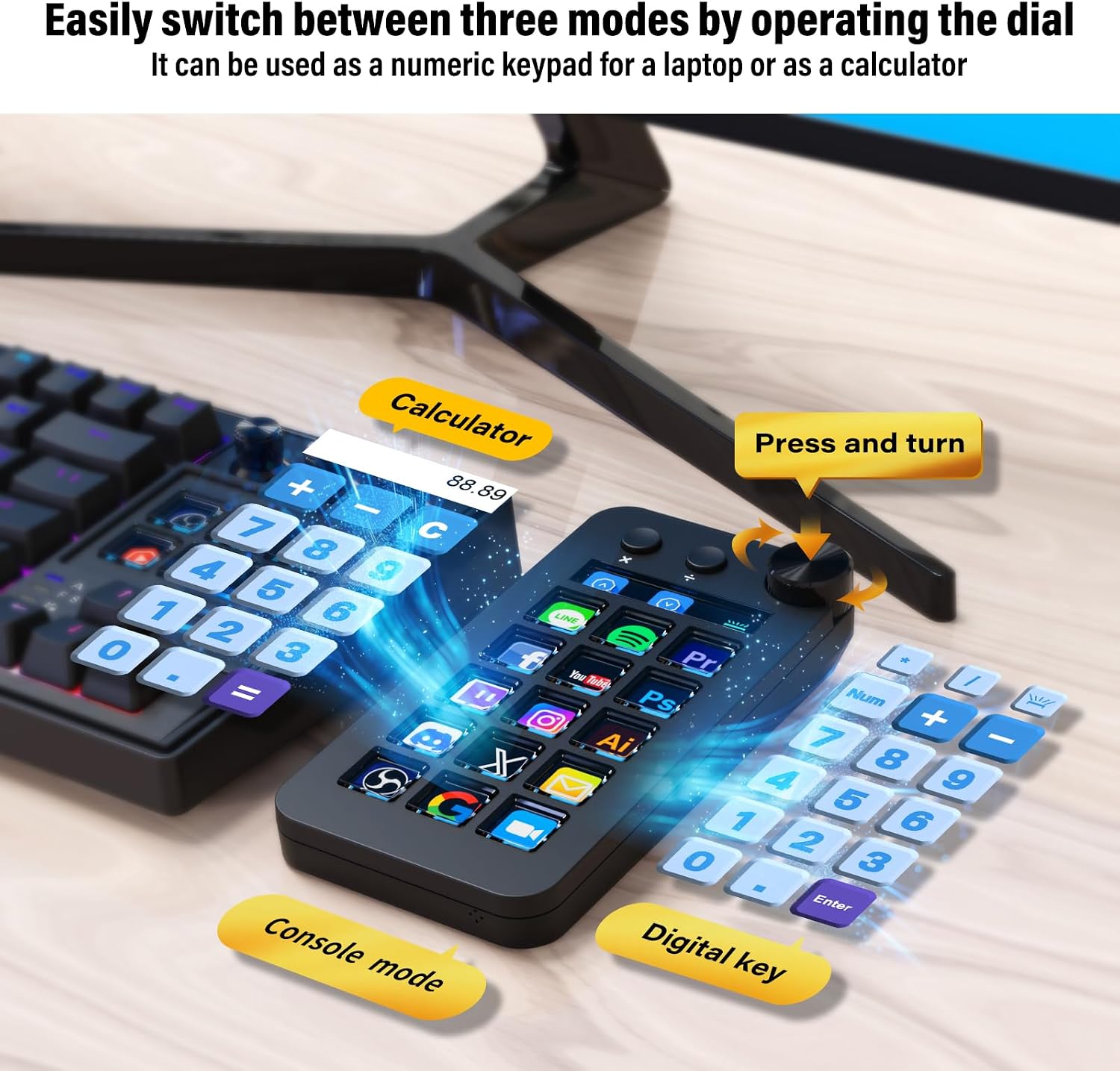 Detalle de ActionRing N1 Streaming Deck, 15 Customizable LCD Keys, 3 Modes and Dial
