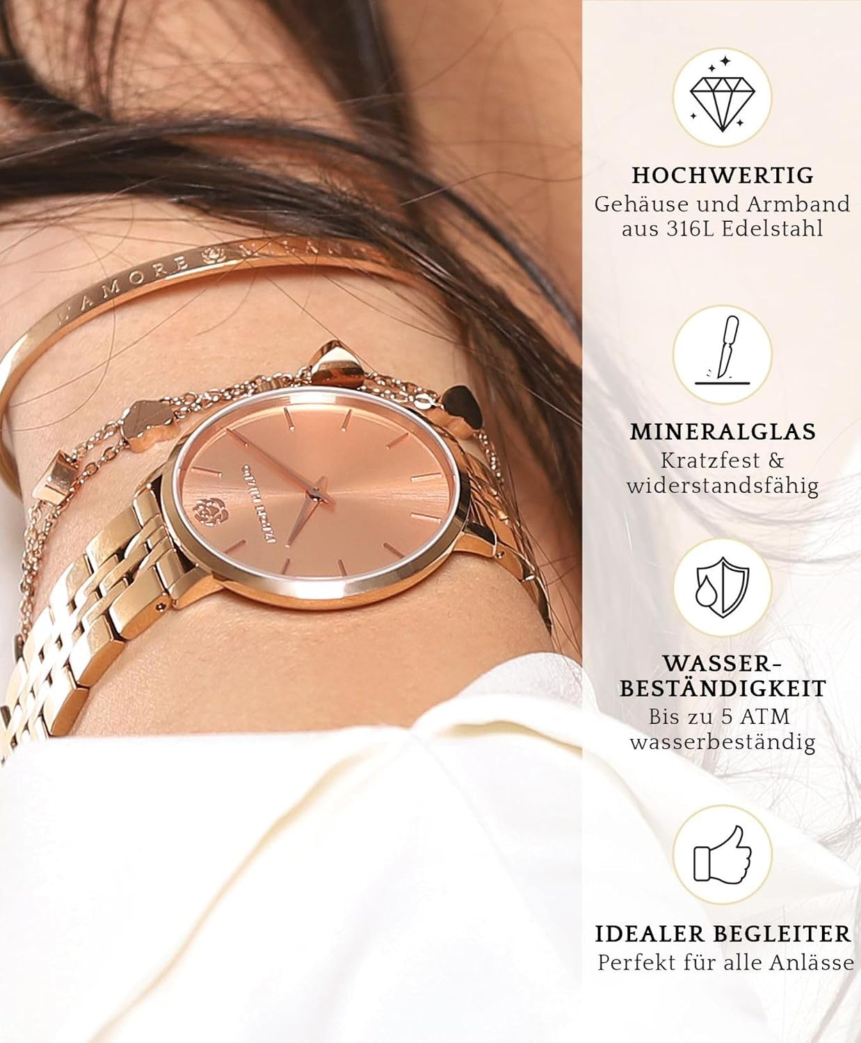 Detalle 2 de L'AMORE MILANO Damenuhr Rosenbox – Hochwertige Edelstahl-Armbanduhr im eckigen Design, 36 mm, 5 ATM, Roségold