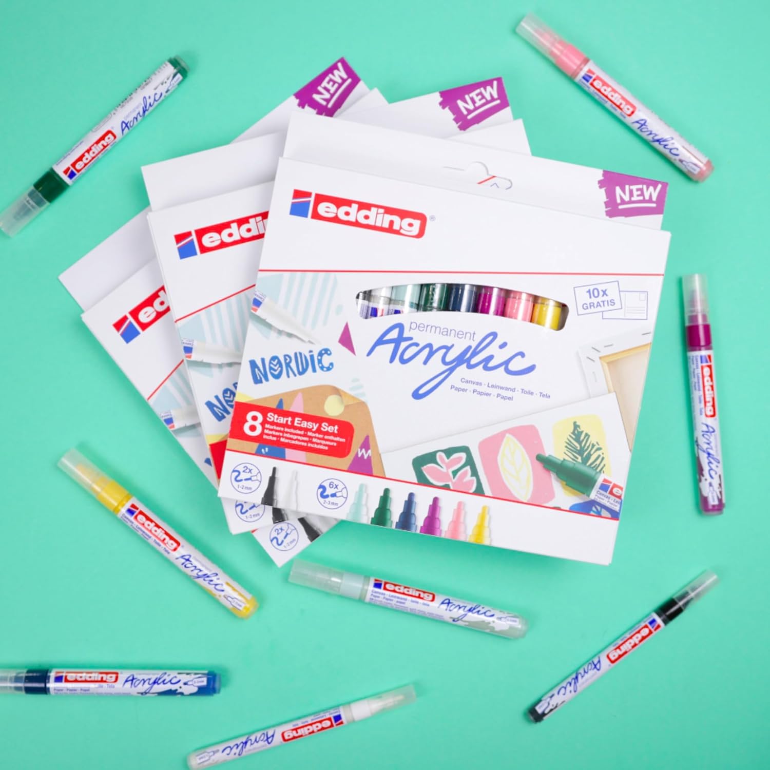 Thumbnail 3 de edding Start Easy Set Acrylstifte wasserfest fein & medium inkl. Postkartenblock – 8 Acrylfarben (nordic)